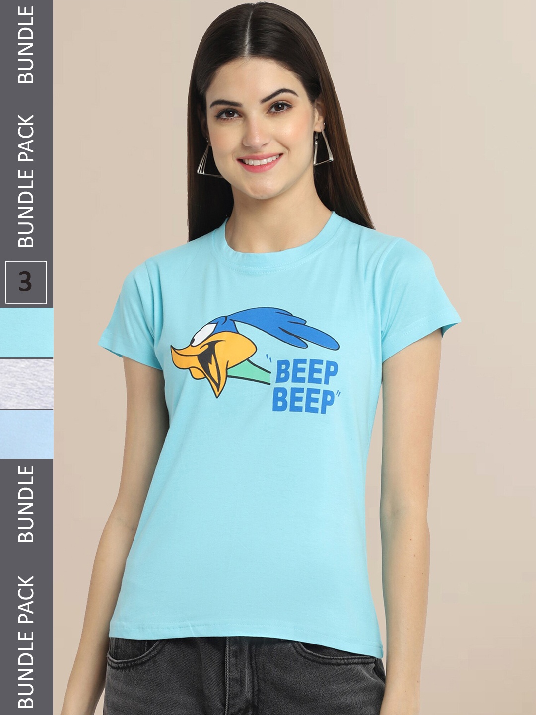 

Fabflee Women Blue & Grey Melange Pack of 3 Graphic Printed Cotton T-shirt