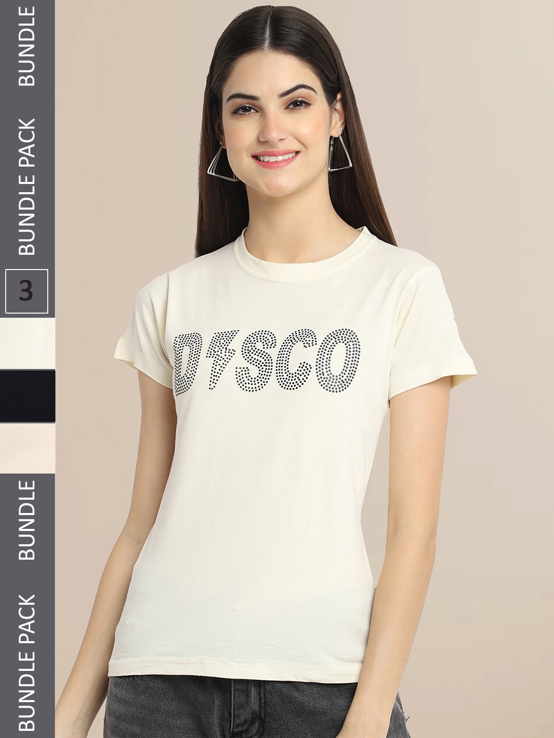 

Fabflee Women Black & Beige Pack of 3 Graphic Printed Cotton T-shirt