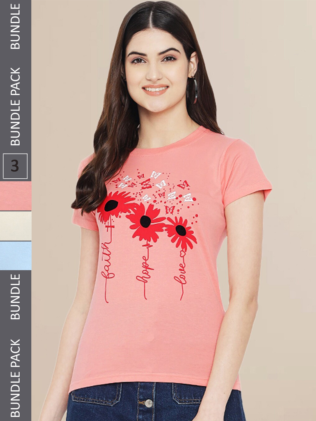 

Fabflee Women Peach & Blue Pack of 3 Graphic Printed Cotton T-shirt