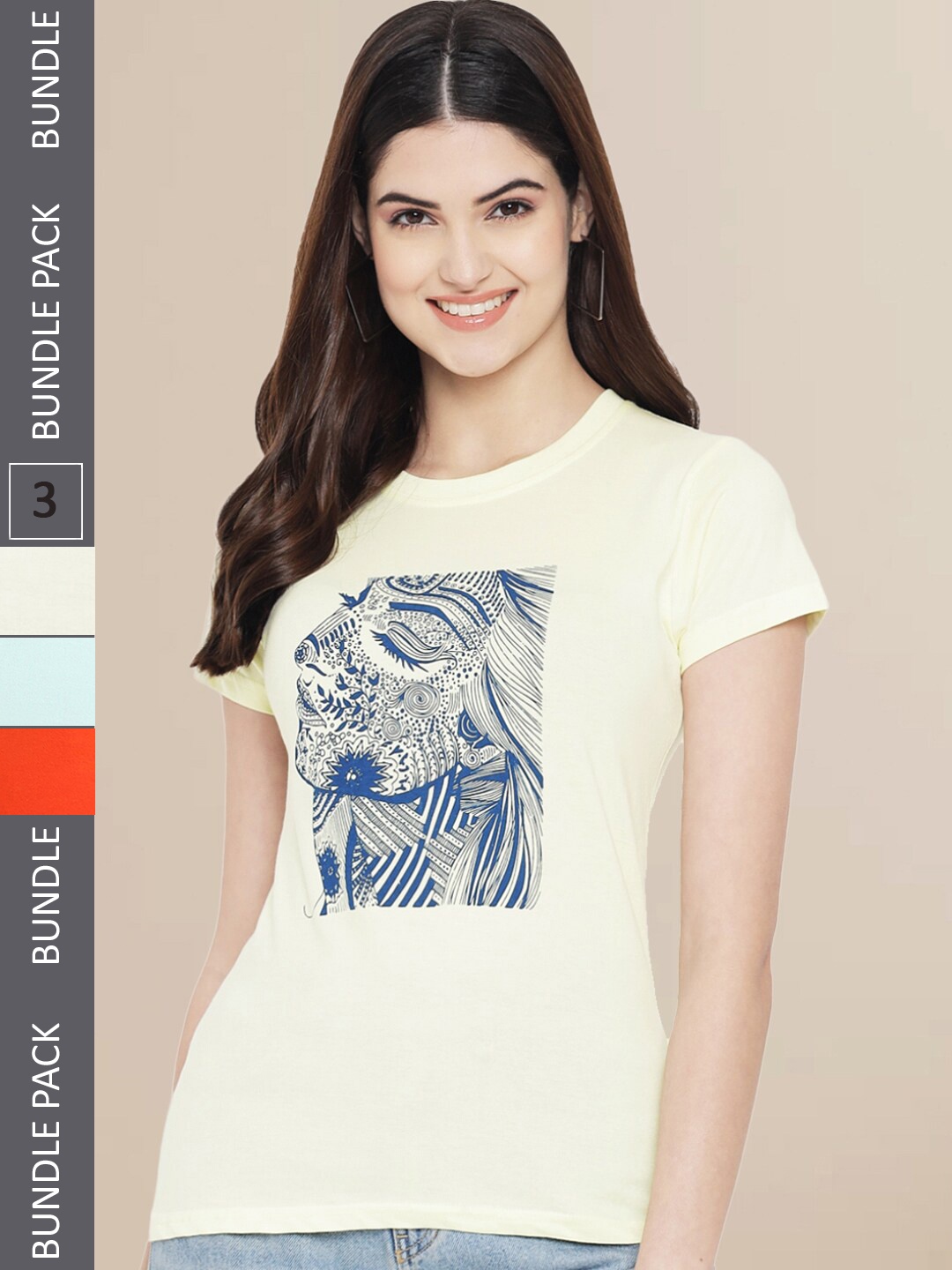 

Fabflee Women Orange & Blue Pack of 3 Graphic Printed Cotton T-shirt