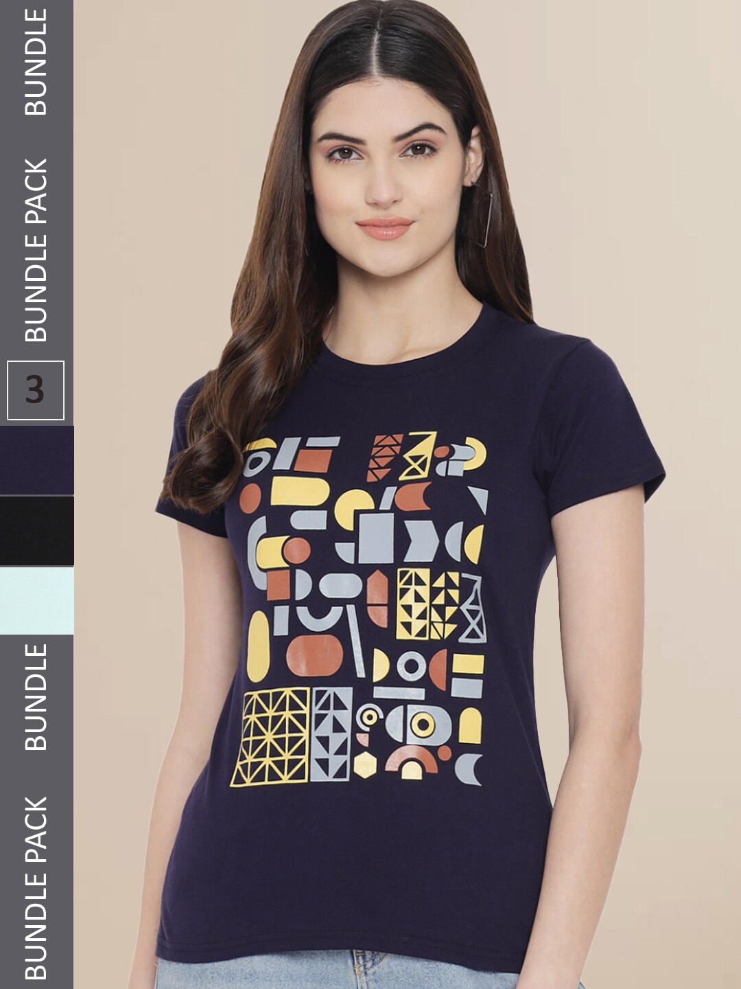 

Fabflee Women Black & Navy Blue Pack of 3 Graphic Printed Cotton T-shirt
