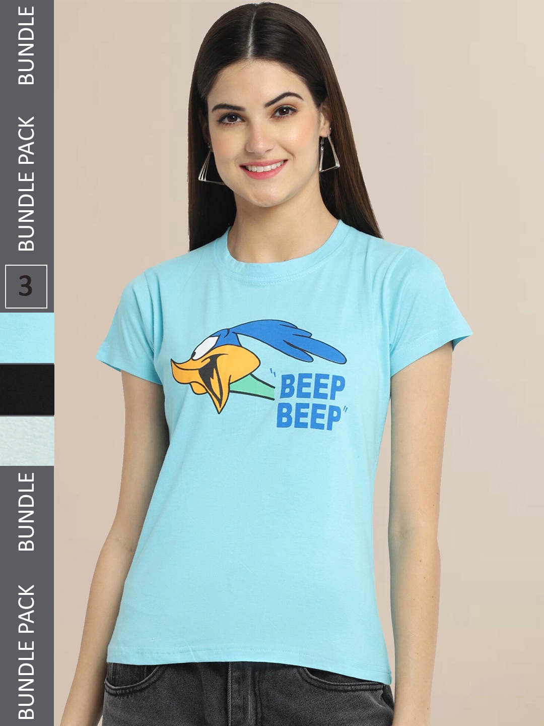 

Fabflee Women Black & Blue Pack of 3 Graphic Printed Cotton T-shirt