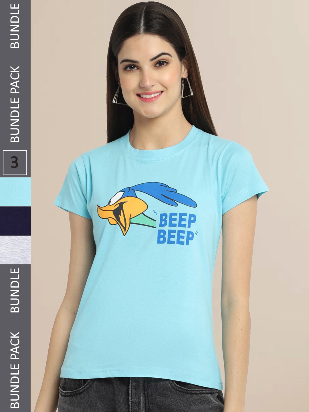 

Fabflee Women Blue & Grey Melange Pack of 3 Graphic Printed Cotton T-shirt