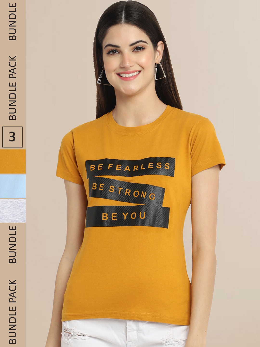 

Fabflee Women Mustard Yellow & Blue Pack of 3 Graphic Printed Cotton T-shirt