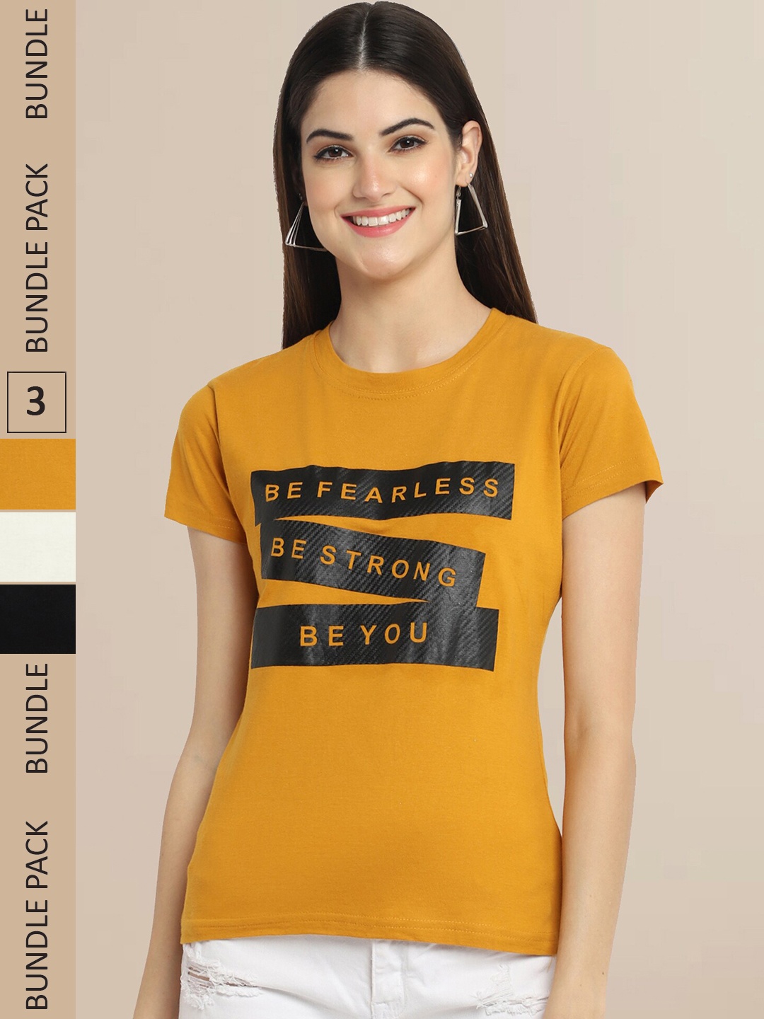 

Fabflee Women Mustard Yellow & Black Pack of 3 Graphic Printed Cotton T-shirt