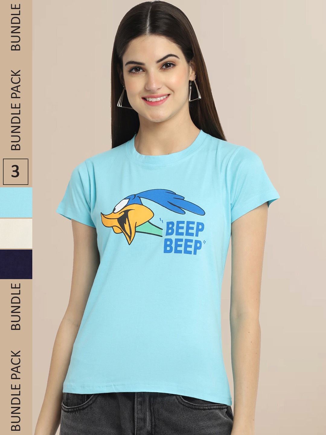 

Fabflee Women Pack Of 3 Typography Printed Cotton T-shirt, Blue