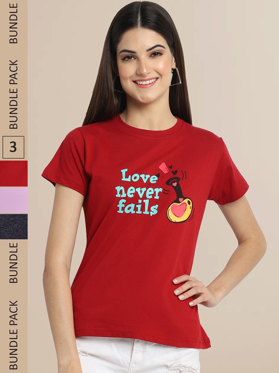 

Fabflee Women Pack Of 3 Typography Printed Cotton T-shirt, Red