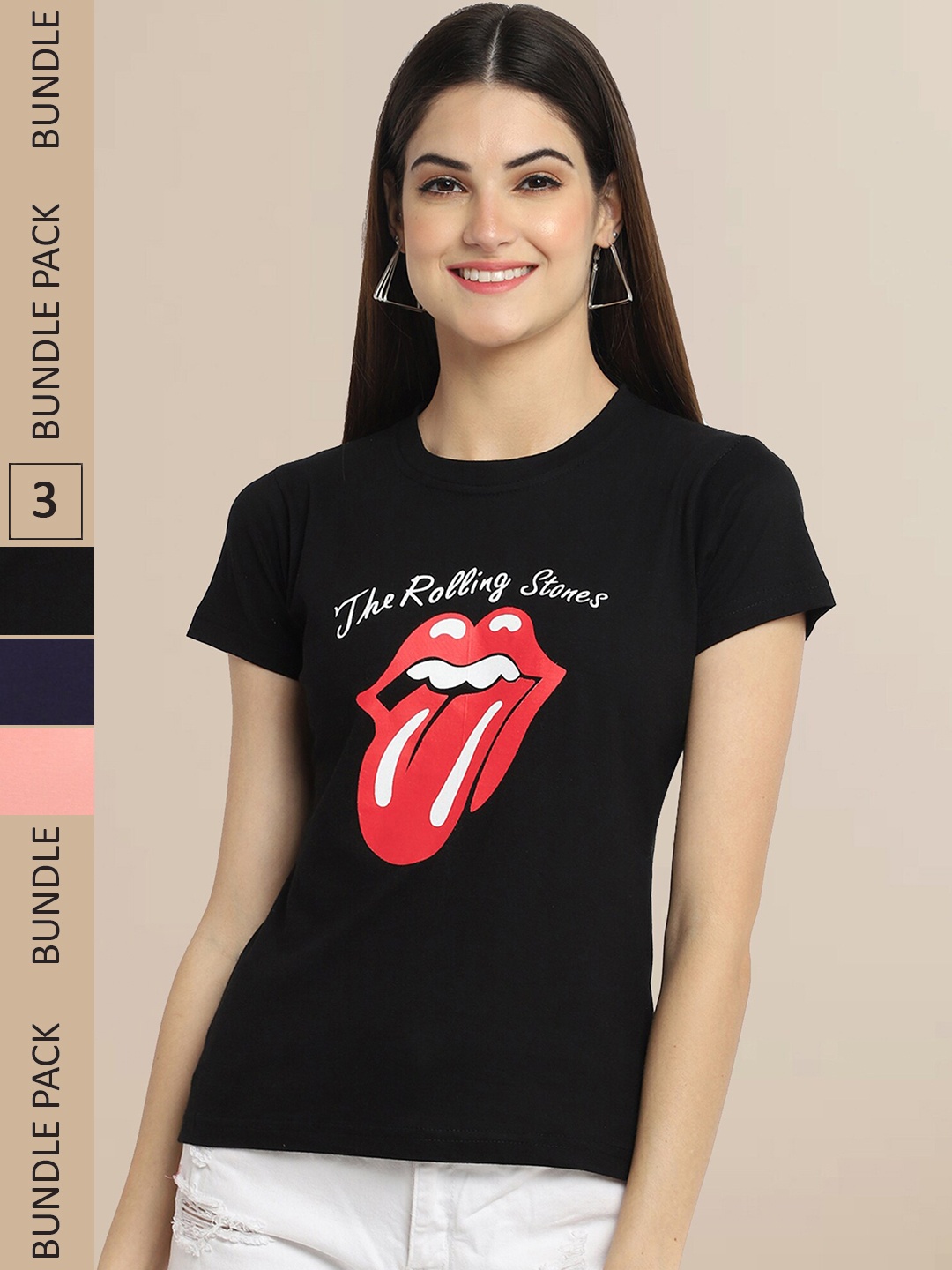 

Fabflee Women Pack Of 3 Typography Printed Cotton T-shirt, Black