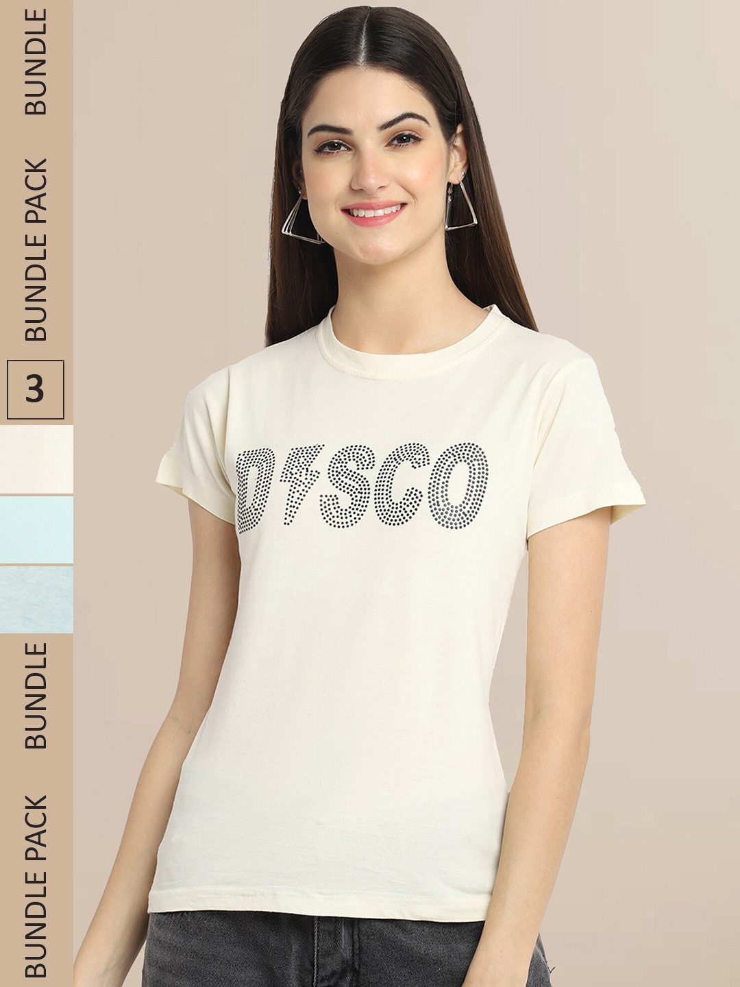 

Fabflee Women Pack Of 3 Typography Printed Cotton T-shirt, Beige