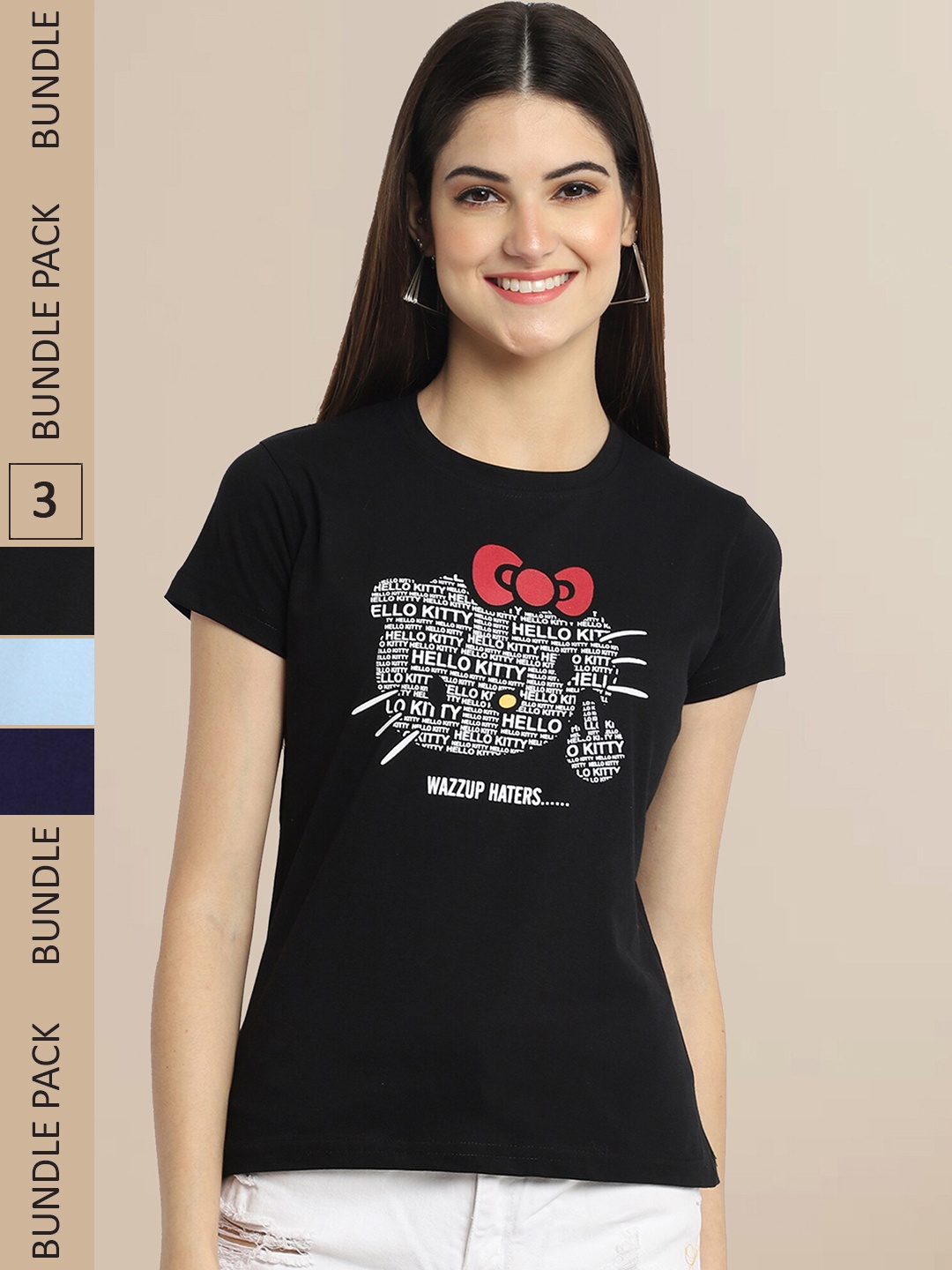 

Fabflee Women Pack Of 3 Typography Printed Cotton T-shirt, Black