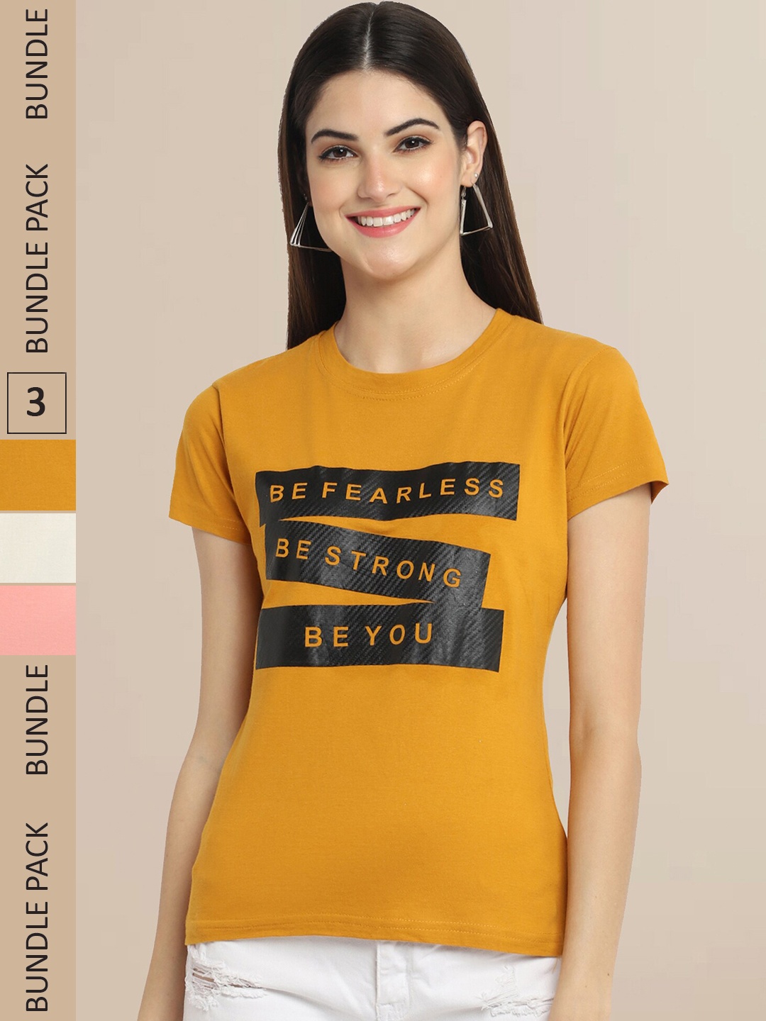 

Fabflee Women Pack Of 3 Typography Printed Cotton T-shirt, Yellow