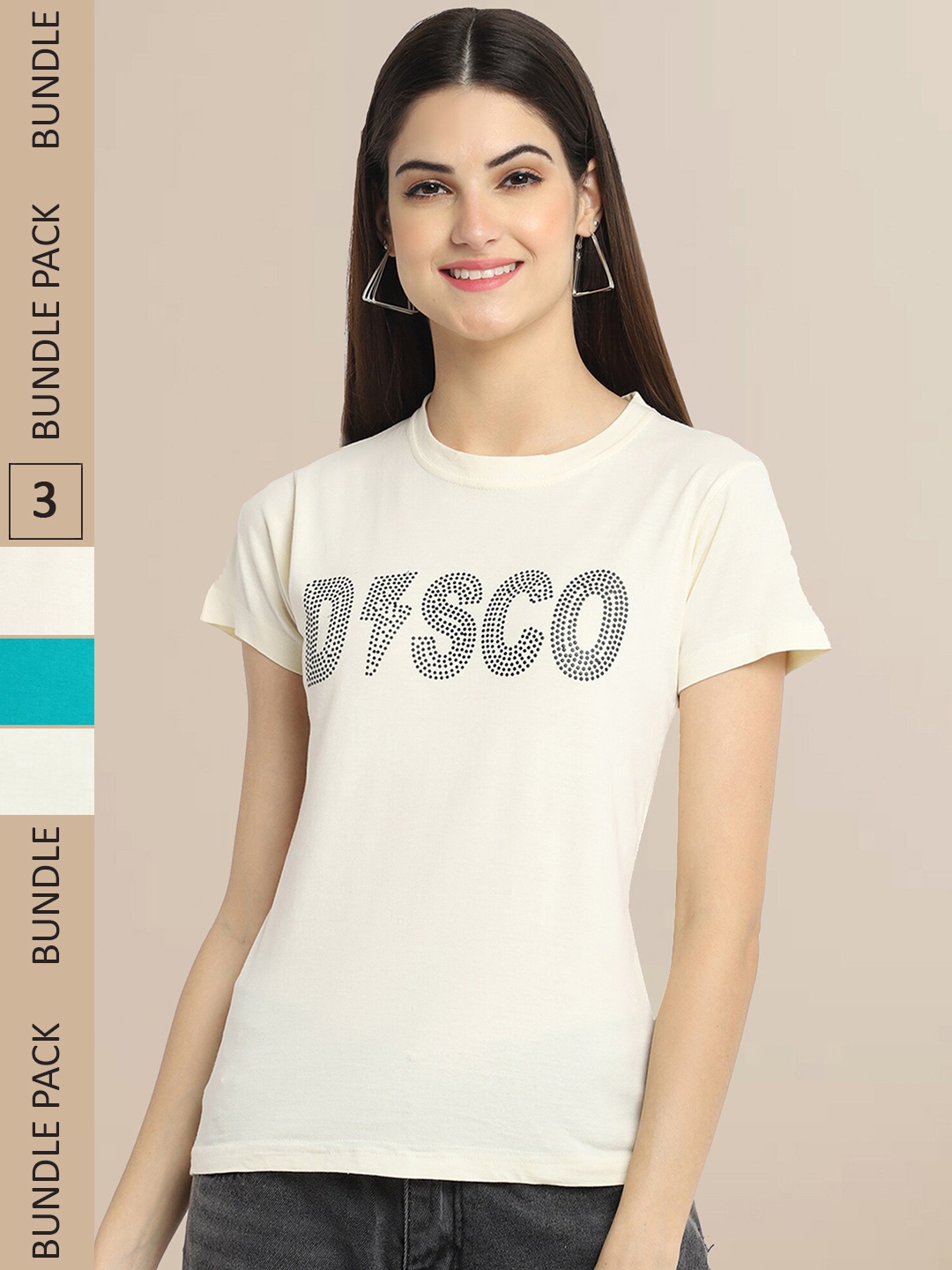 

Fabflee Women Pack Of 3 Typography Printed Cotton T-shirt, Beige