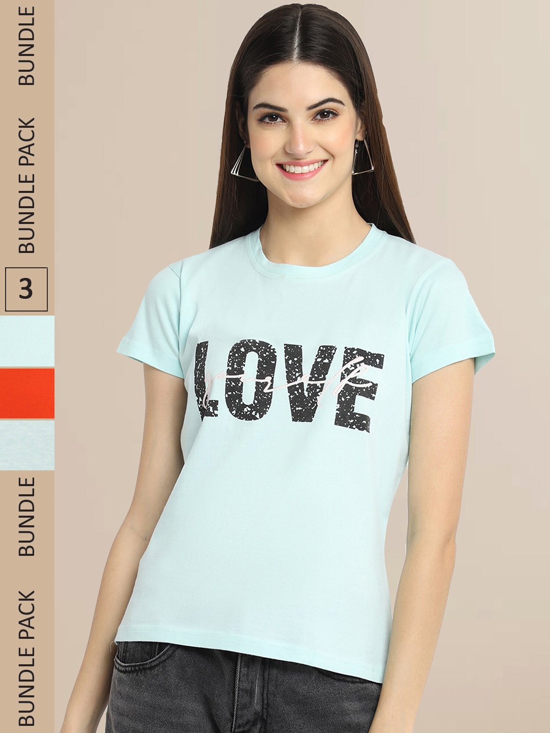 

Fabflee Women Pack Of 3 Typography Printed Cotton T-shirt, Blue