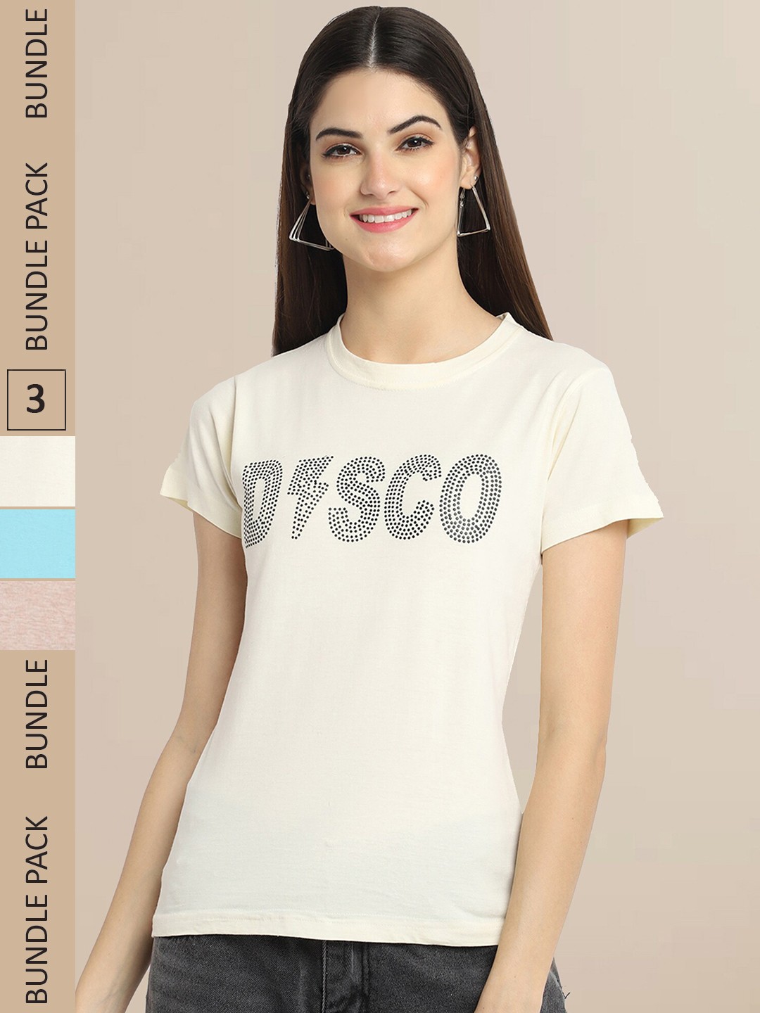 

Fabflee Women Pack Of 3 Typography Printed Cotton T-shirt, Beige