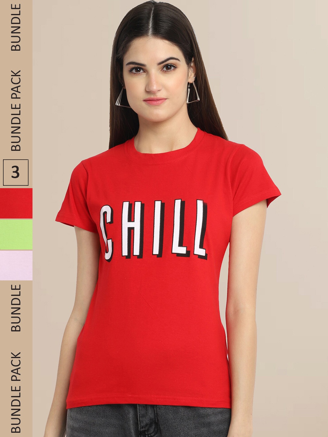 

Fabflee Women Pack Of 3 Typography Printed Cotton T-shirt, Red