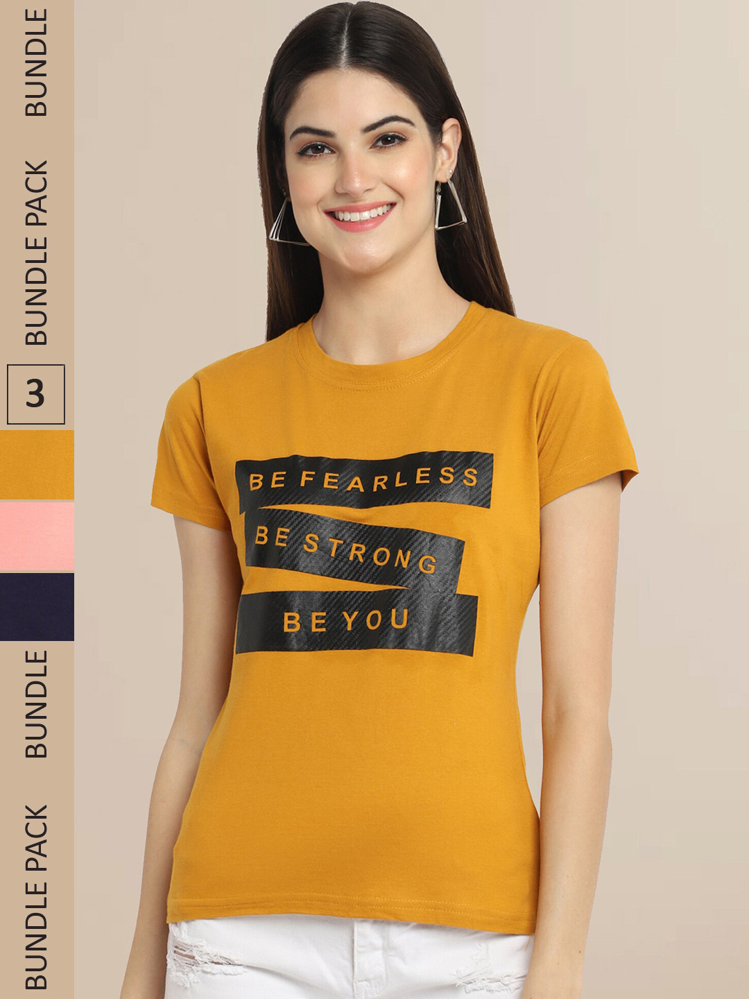

Fabflee Women Pack Of 3 Typography Printed Cotton T-shirt, Yellow