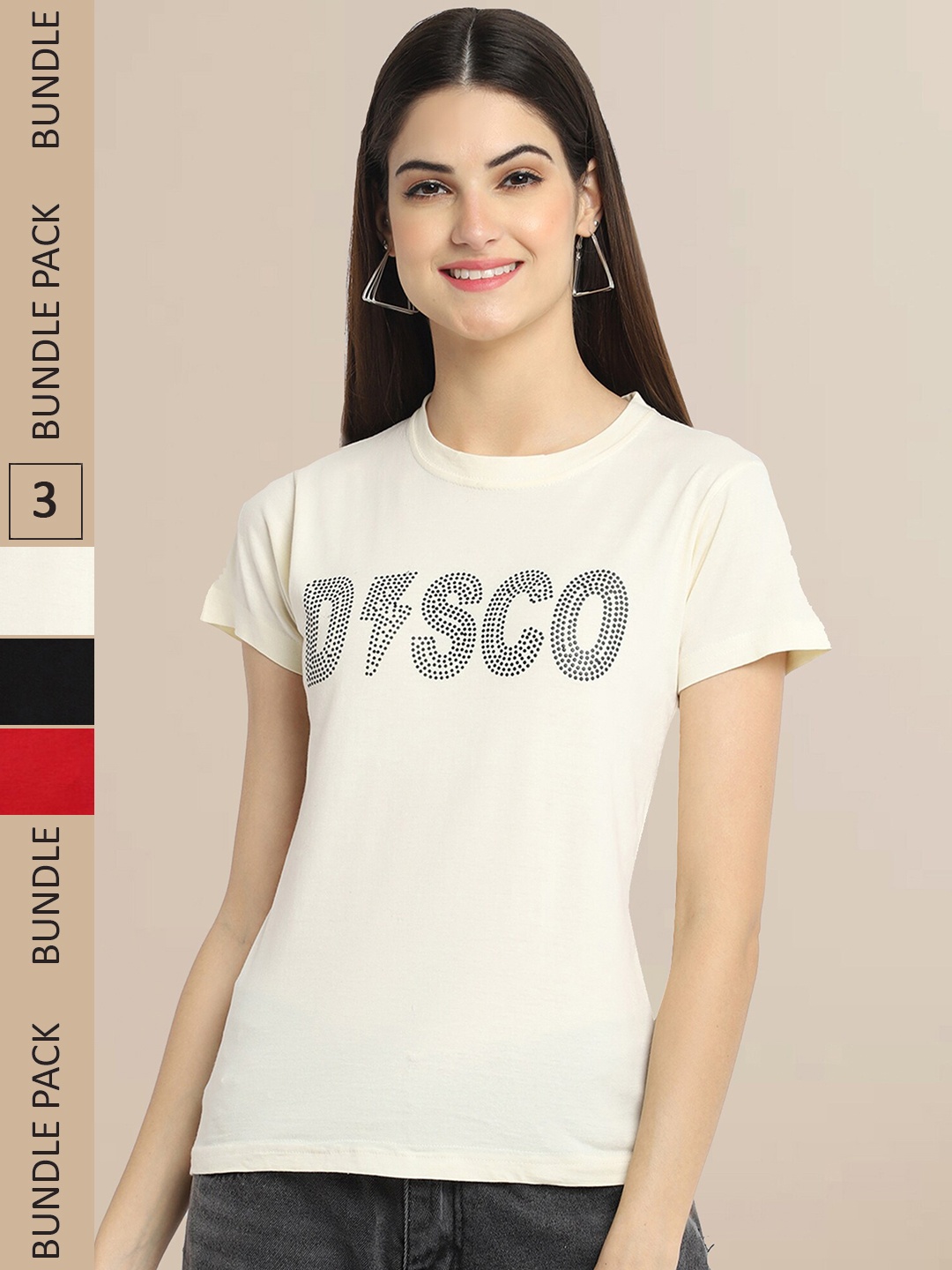 

Fabflee Women Pack Of 3 Typography Printed Cotton T-shirt, Beige
