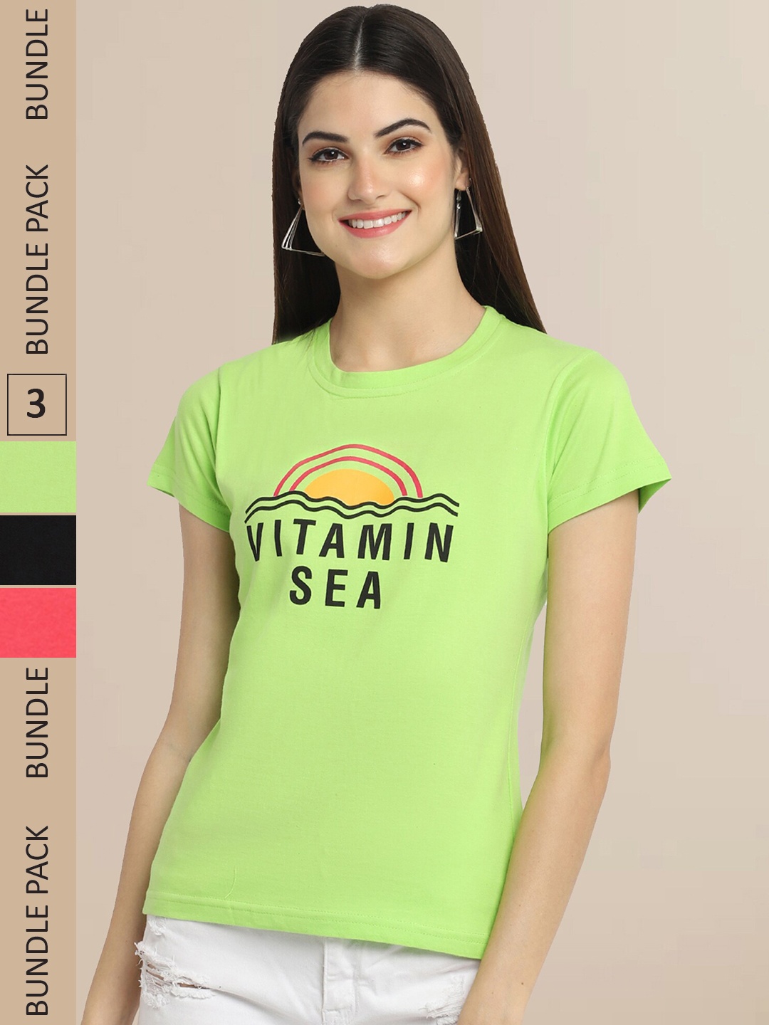 

Fabflee Women Pack Of 3 Typography Printed Cotton T-shirt, Green