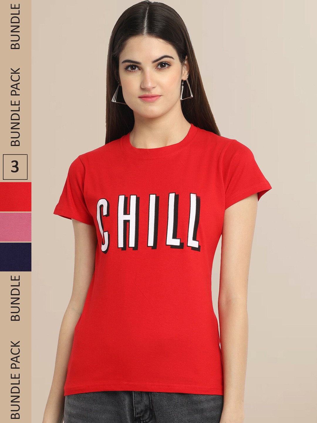 Fabflee Women Pack Of 3 Typography Printed Cotton T-shirt, Red