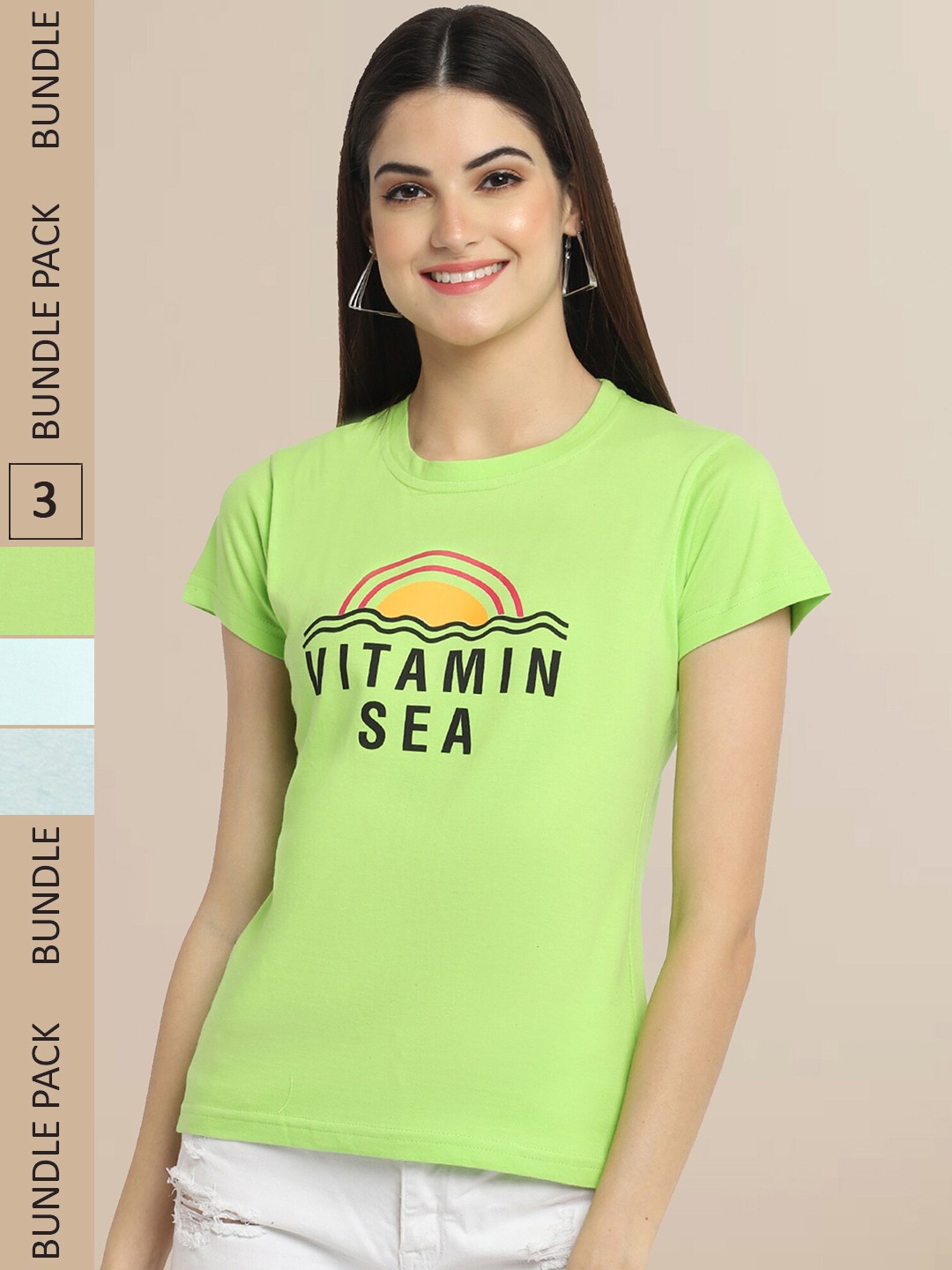 

Fabflee Women Pack Of 3 Typography Printed Cotton T-shirt, Green
