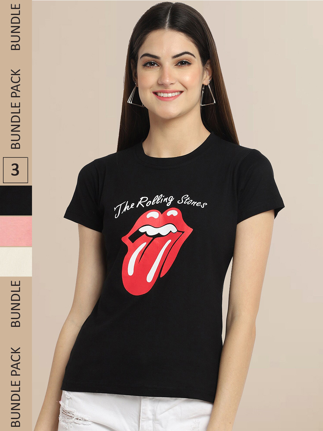 

Fabflee Women Pack Of 3 Typography Printed Cotton T-shirt, Black