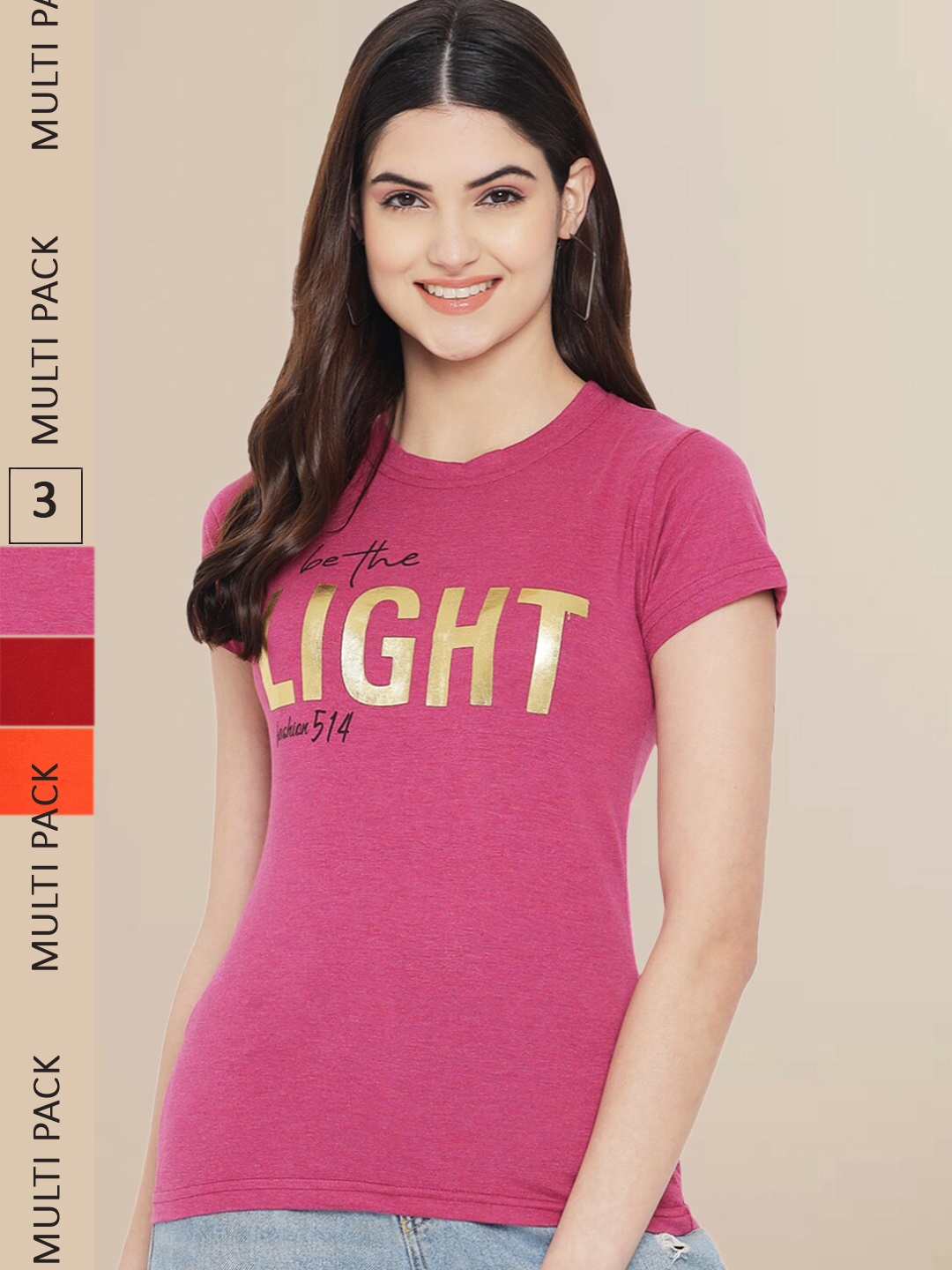 

Fabflee Women Pack Of 3 Typography Printed Cotton T-shirt, Pink