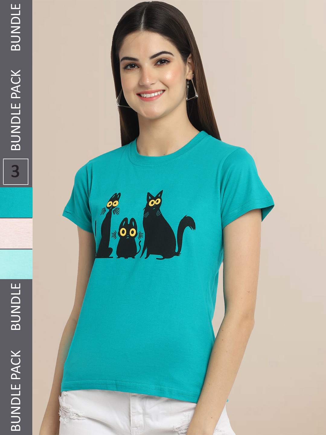 

Fabflee Women Sea Green & Peach Pack Of 3 Printed T-shirts