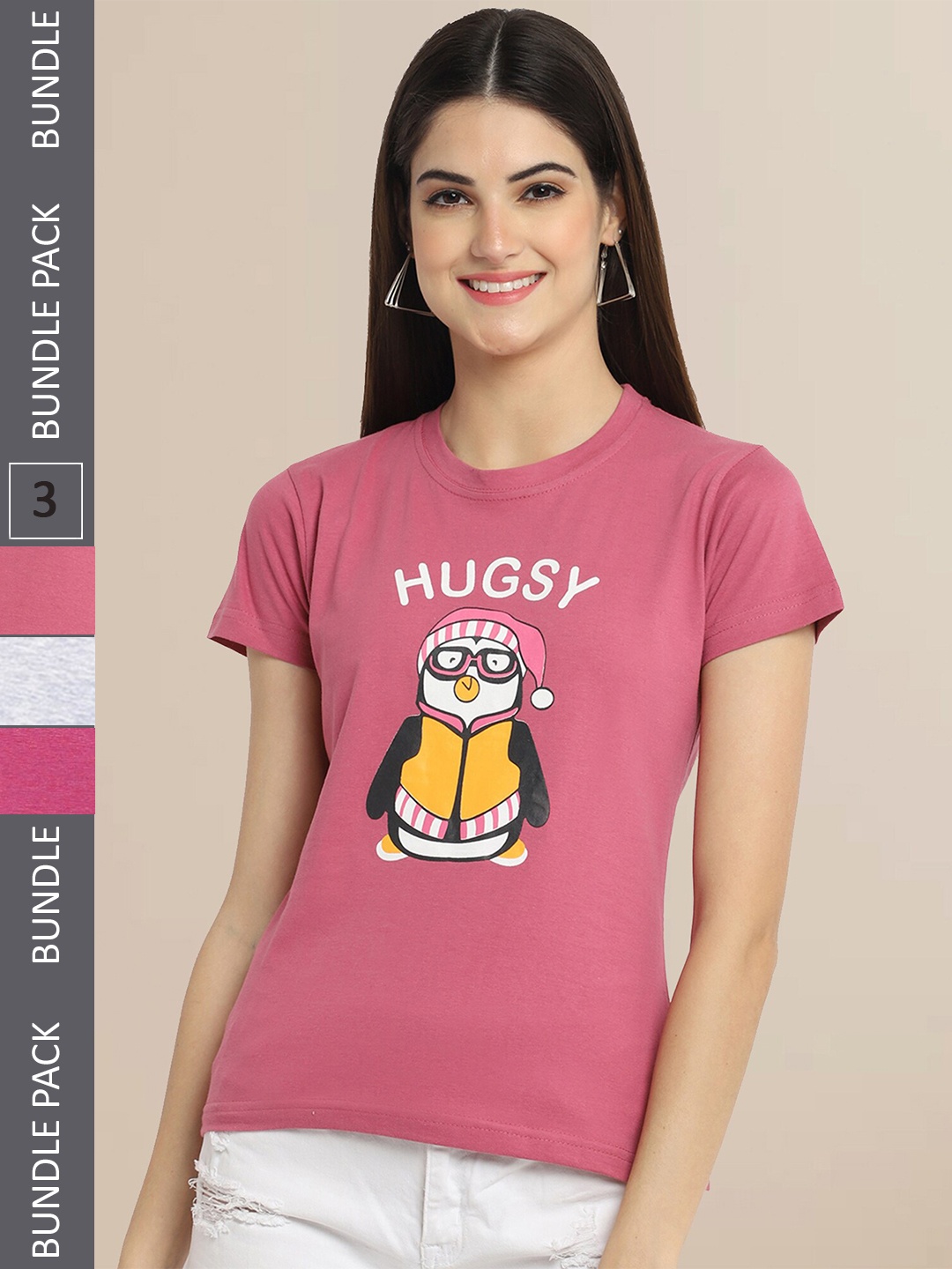

Fabflee Women Pink & Grey Pack Of 3 Printed Cotton T-shirts