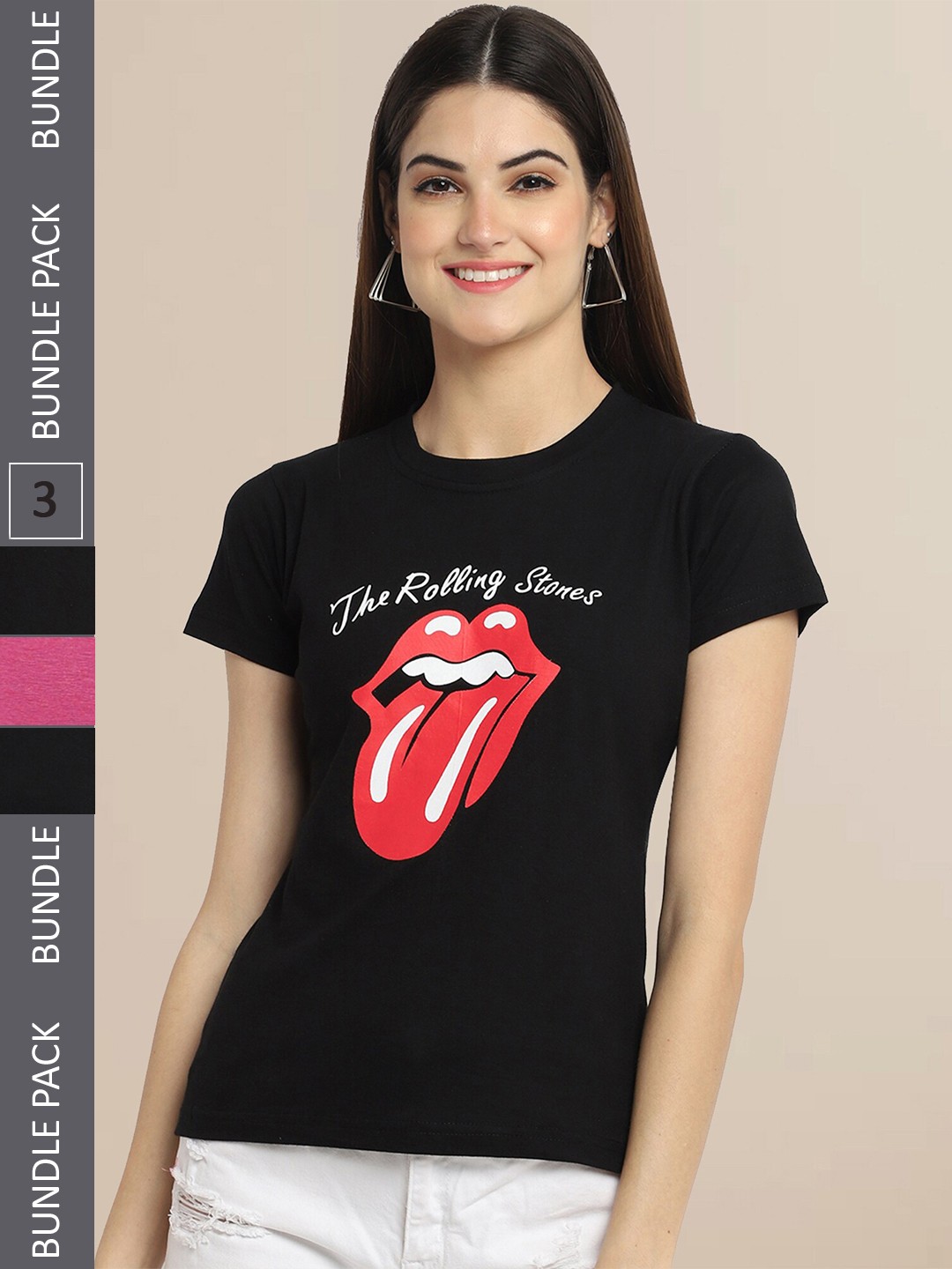 

Fabflee Women Black & Pink Pack Of 3 Printed Cotton T-shirts