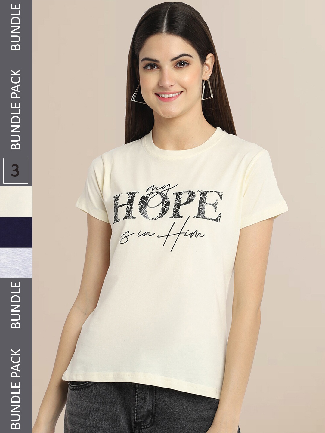 

Fabflee Women Beige & Black Pack of 3 Printed T-shirt