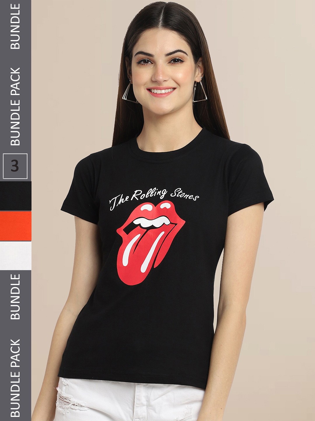 

Fabflee Women Black & Orange Pack of 3 Printed T-shirt