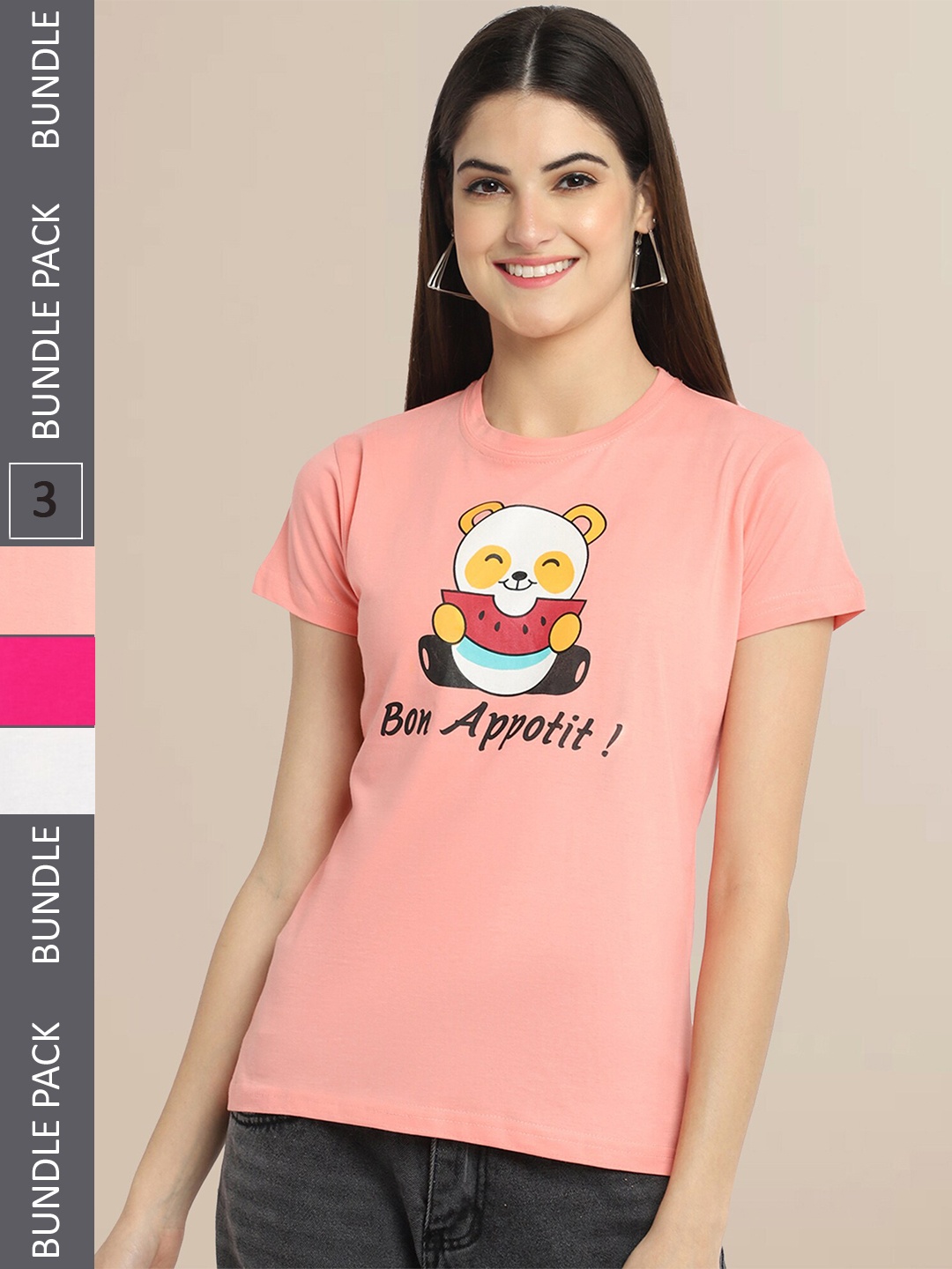 

Fabflee Women Peach-Coloured & Pink Pack of 3 Printed T-shirt