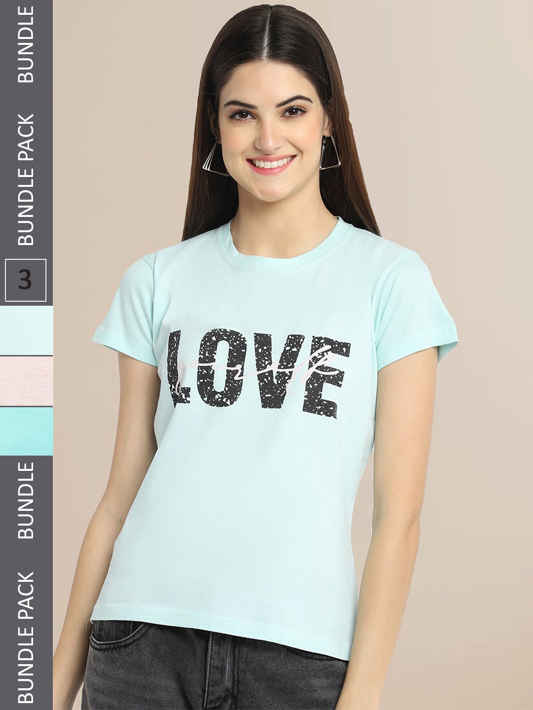 

Fabflee Women Blue & Pink Pack of 3 Printed T-shirt