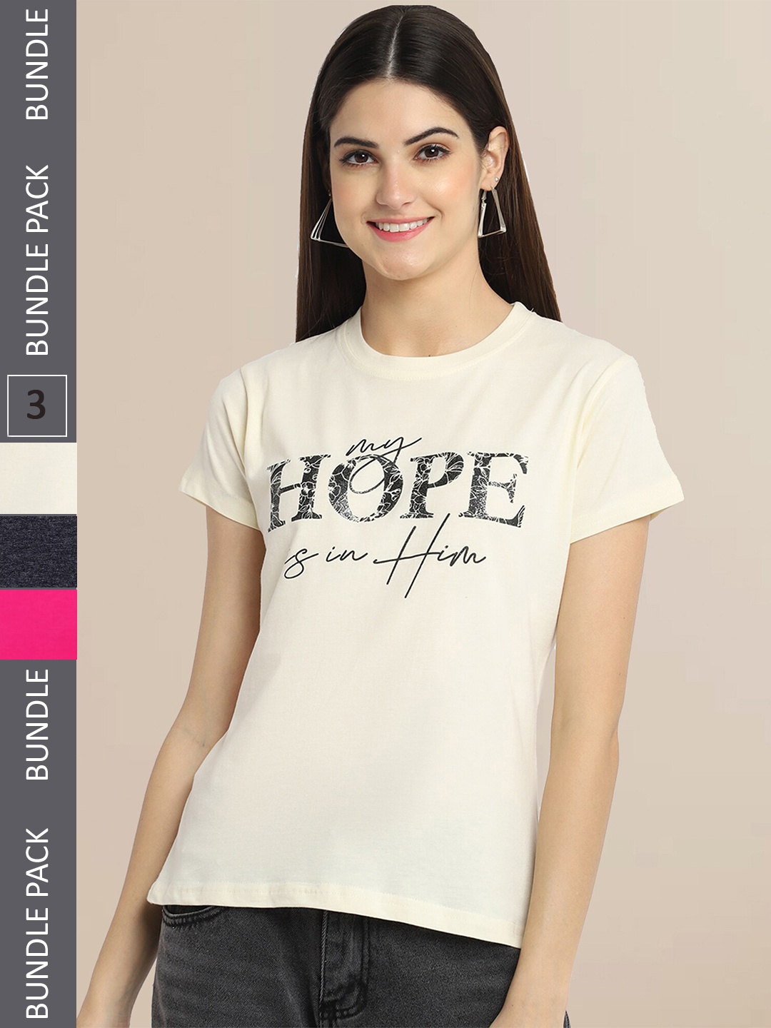 

Fabflee Women Off White & Black Pack of 3 Typography Printed Cotton T-shirt
