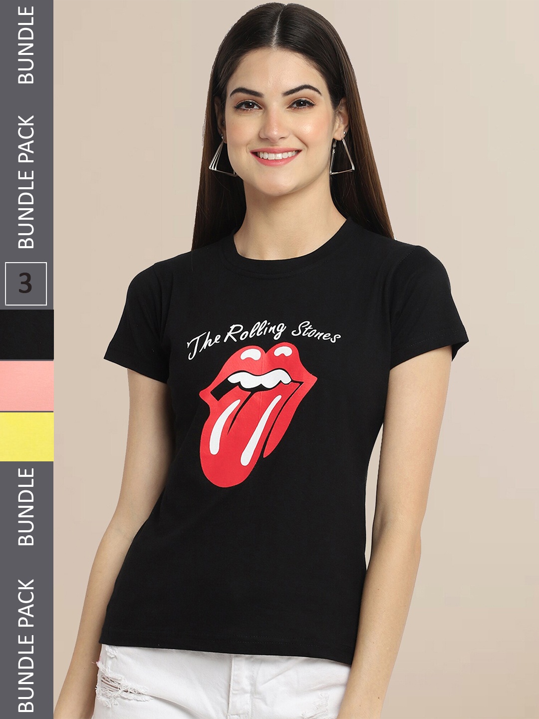 

Fabflee Women Black & Peach Pack of 3 Typography Printed Cotton T-shirt