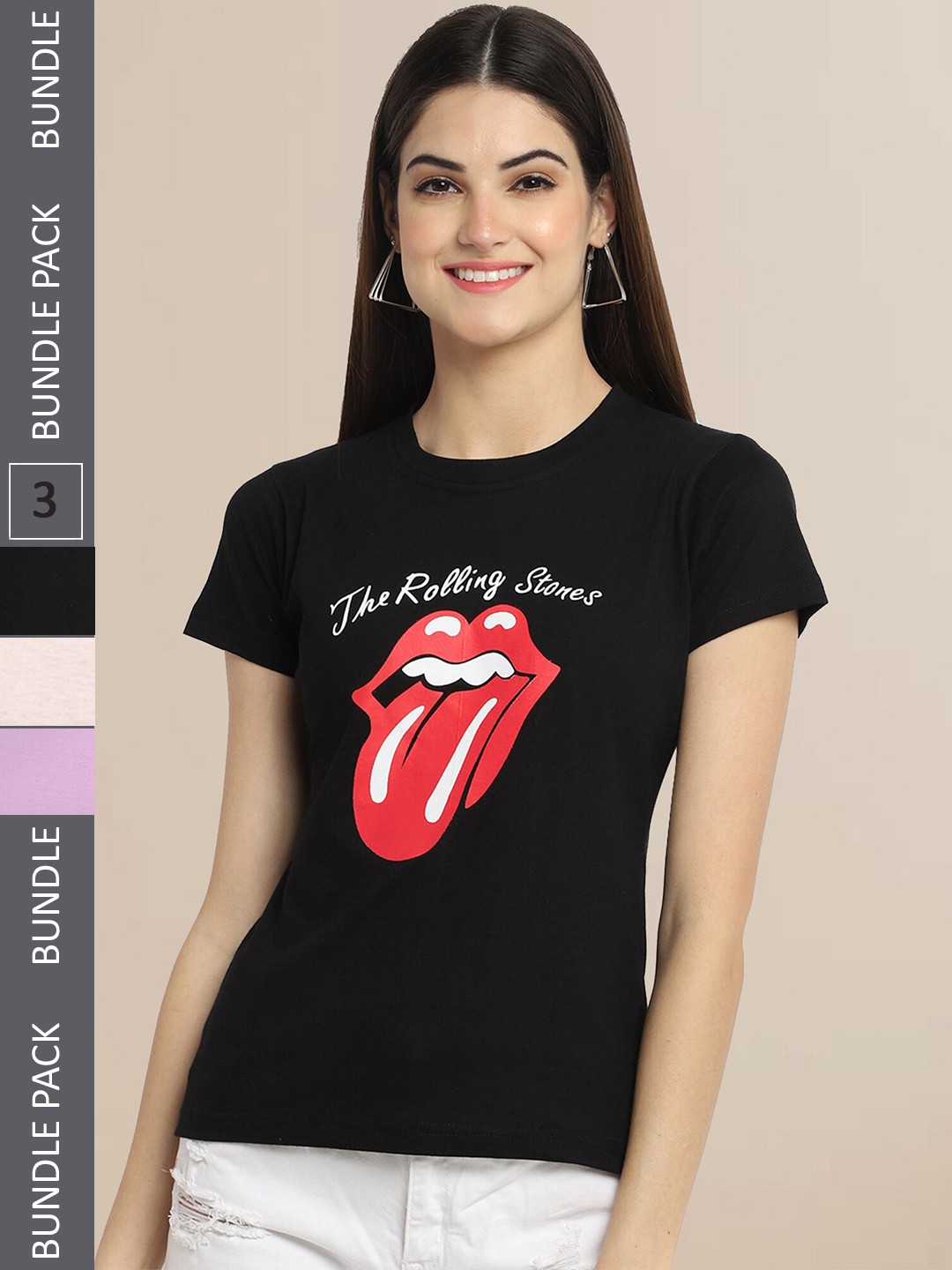 

Fabflee Women Black & Lavender Pack of 3 Typography Printed Cotton T-shirt