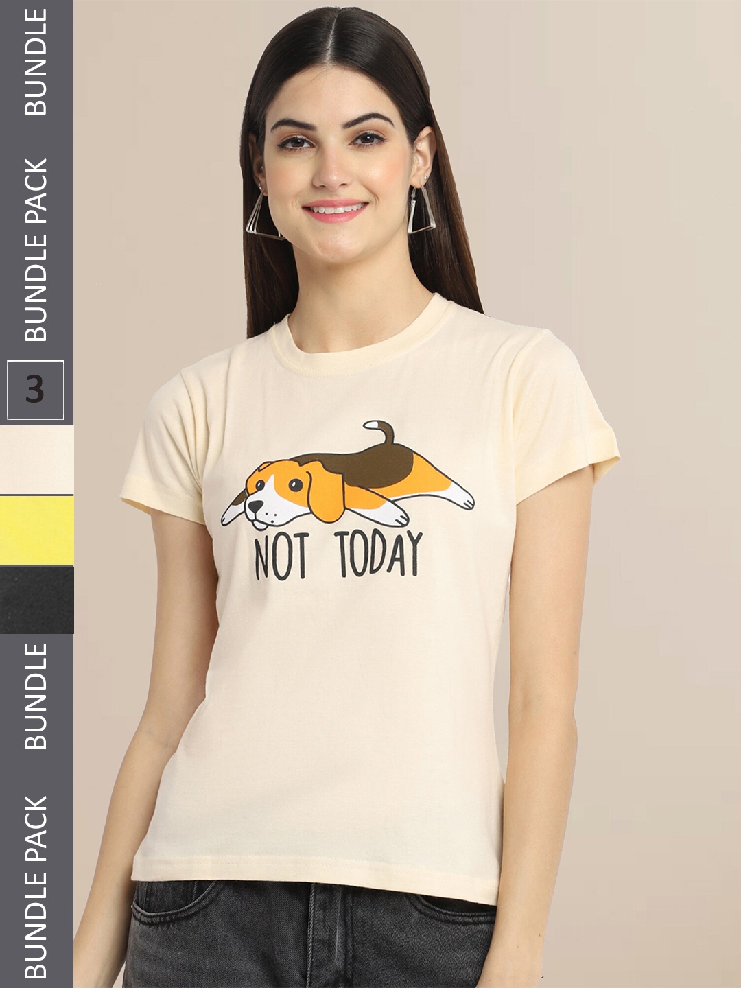 

Fabflee Women Cream & Yellow Pack of 3 Typography Printed Cotton T-shirt