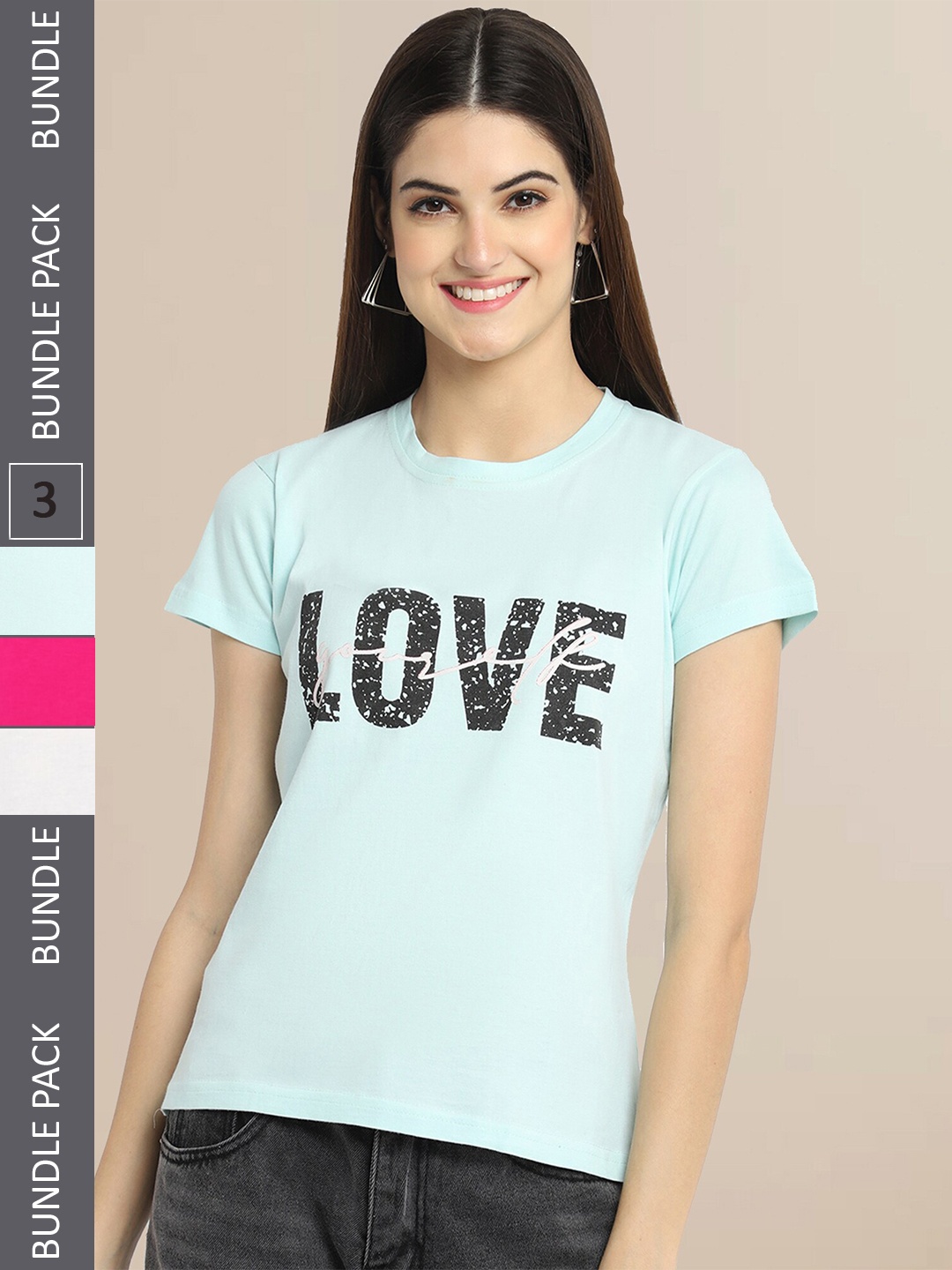 Fabflee Women Blue & Pink Pack of 3 Typography Printed Cotton T-shirt
