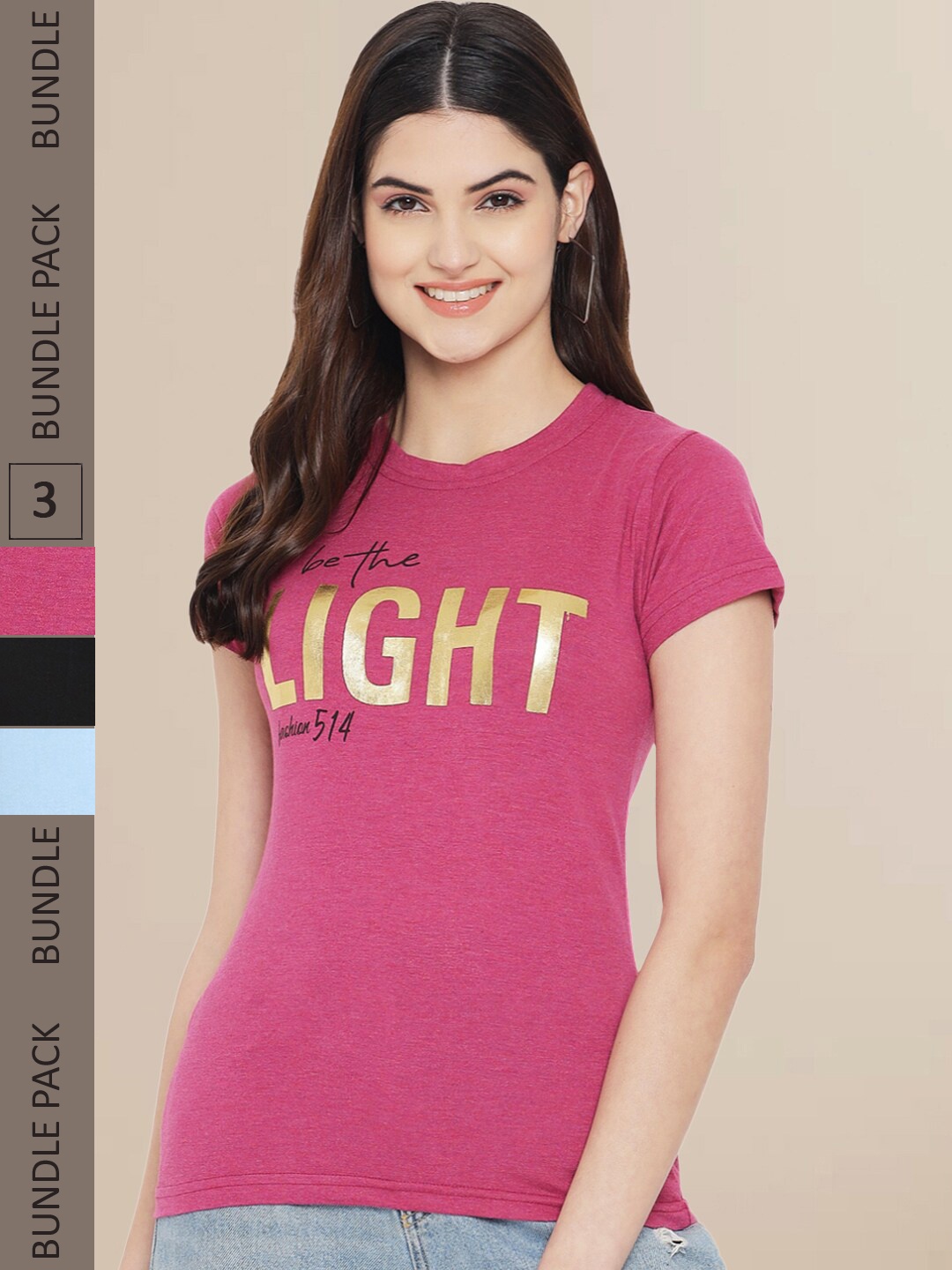 

Fabflee Women Pink & Black Pack of 3 Typography Printed Cotton T-shirt