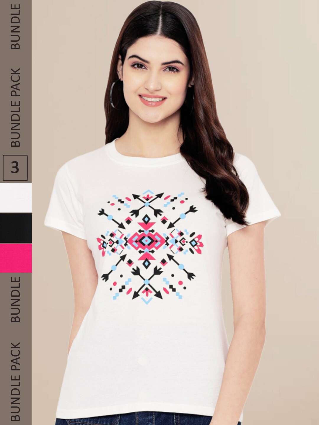 

Fabflee Women Off White & Black Pack of 3 Typography Printed Cotton T-shirt