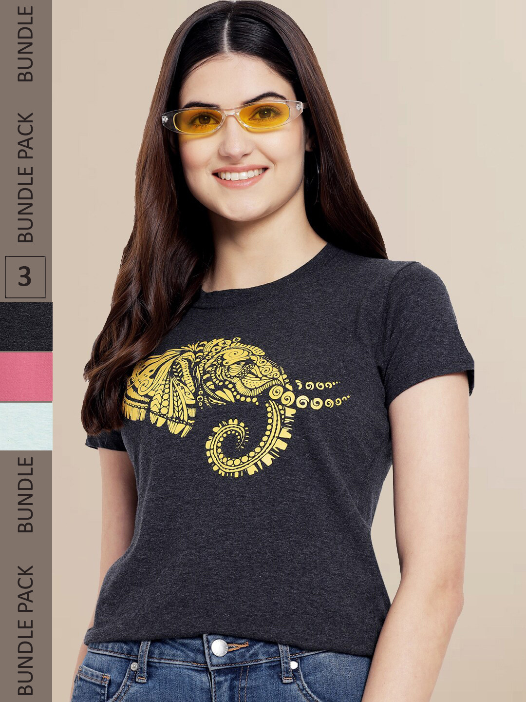 

Fabflee Women Black & Rose Pack of 3 Printed Cotton T-shirts