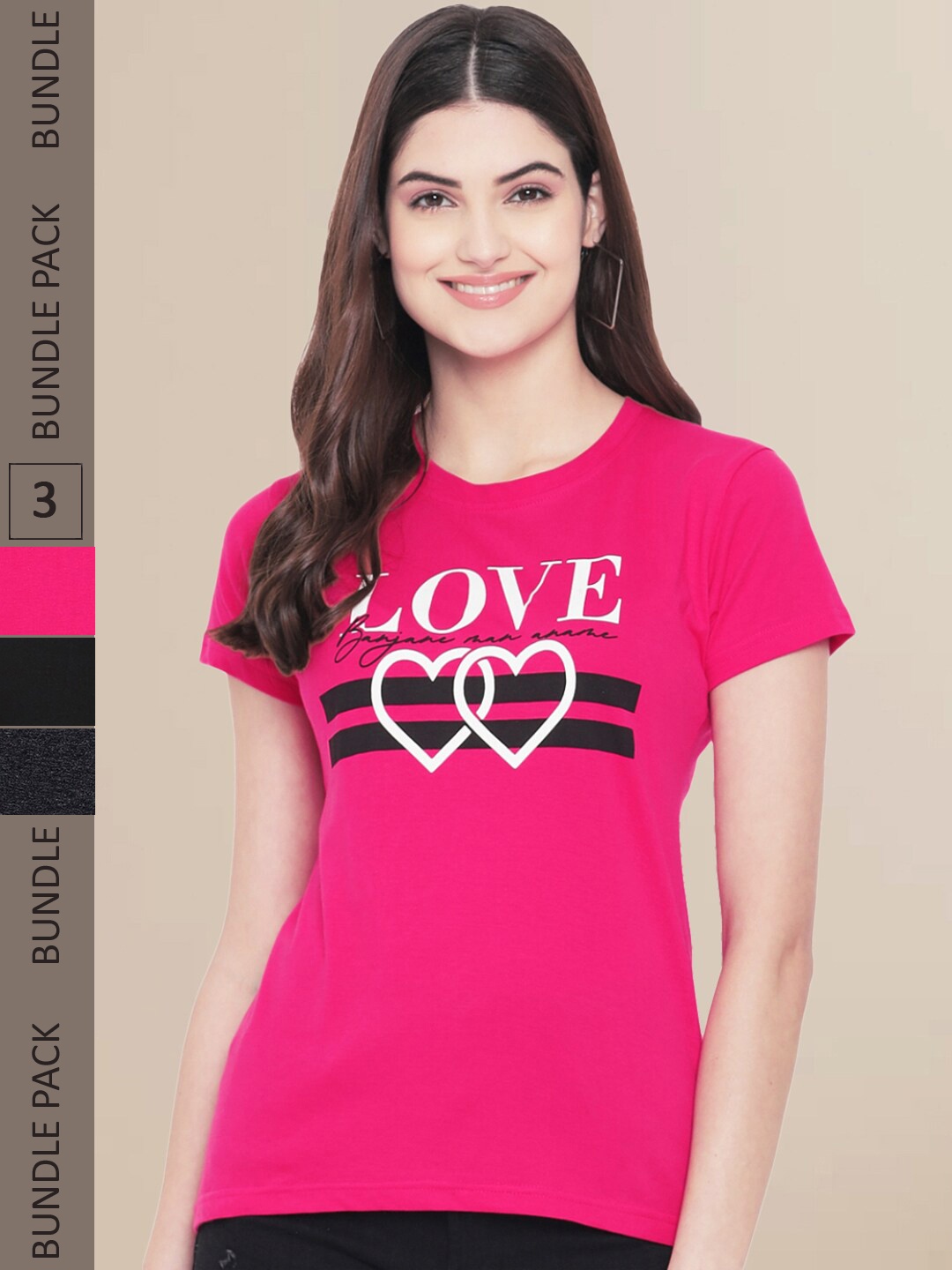Fabflee Women Pink & Black Pack of 3 Typography Printed Cotton T-shirts
