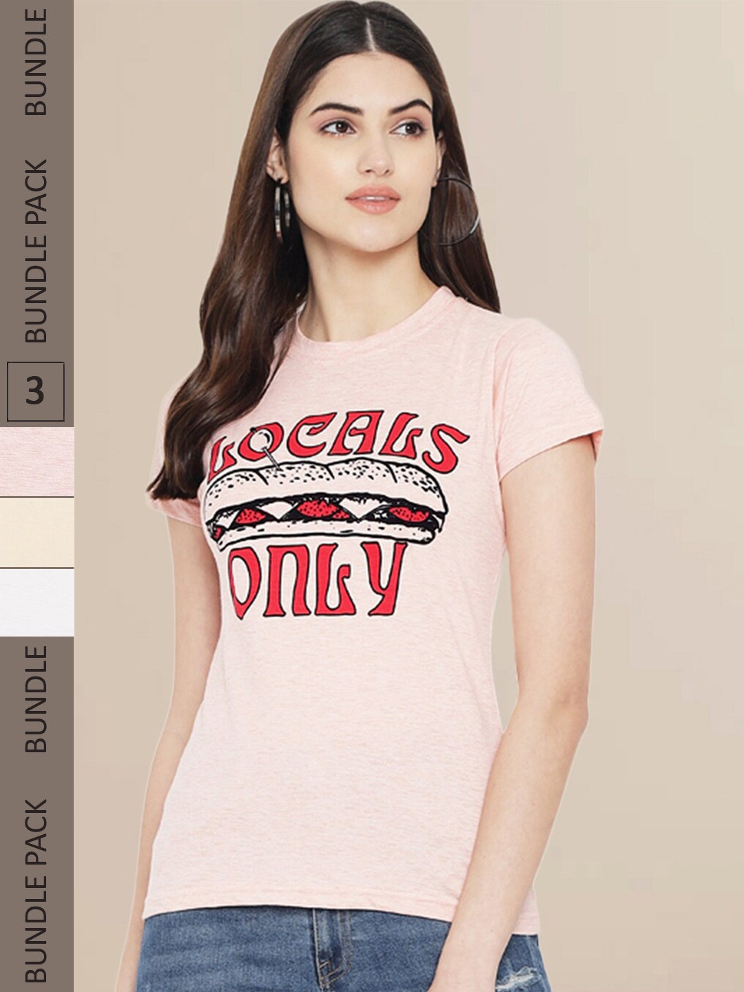 

Fabflee Women White & Cream Pack of 3 Typography Printed Cotton T-shirts