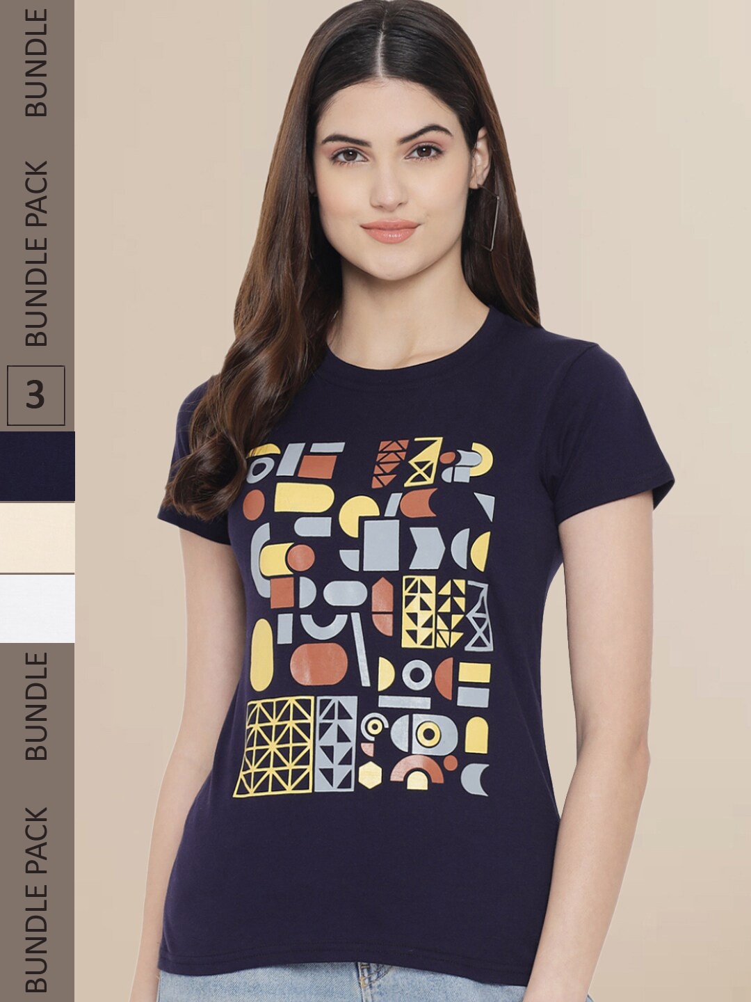 Fabflee Women Black & Cream Pack of 3 Printed Cotton T-shirt