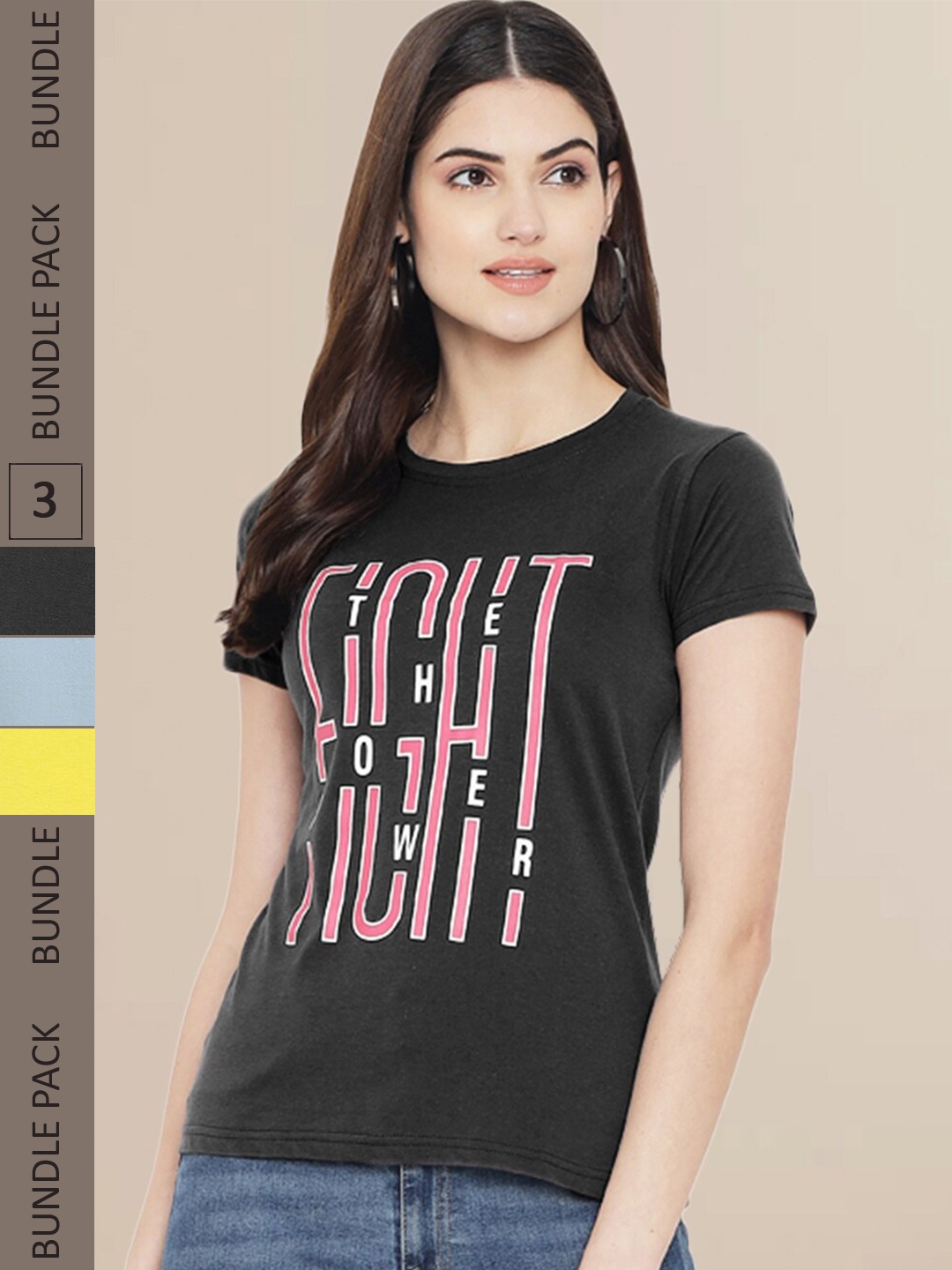 Fabflee Women Black & Yellow Pack of 3 Typography Printed Cotton T-shirts