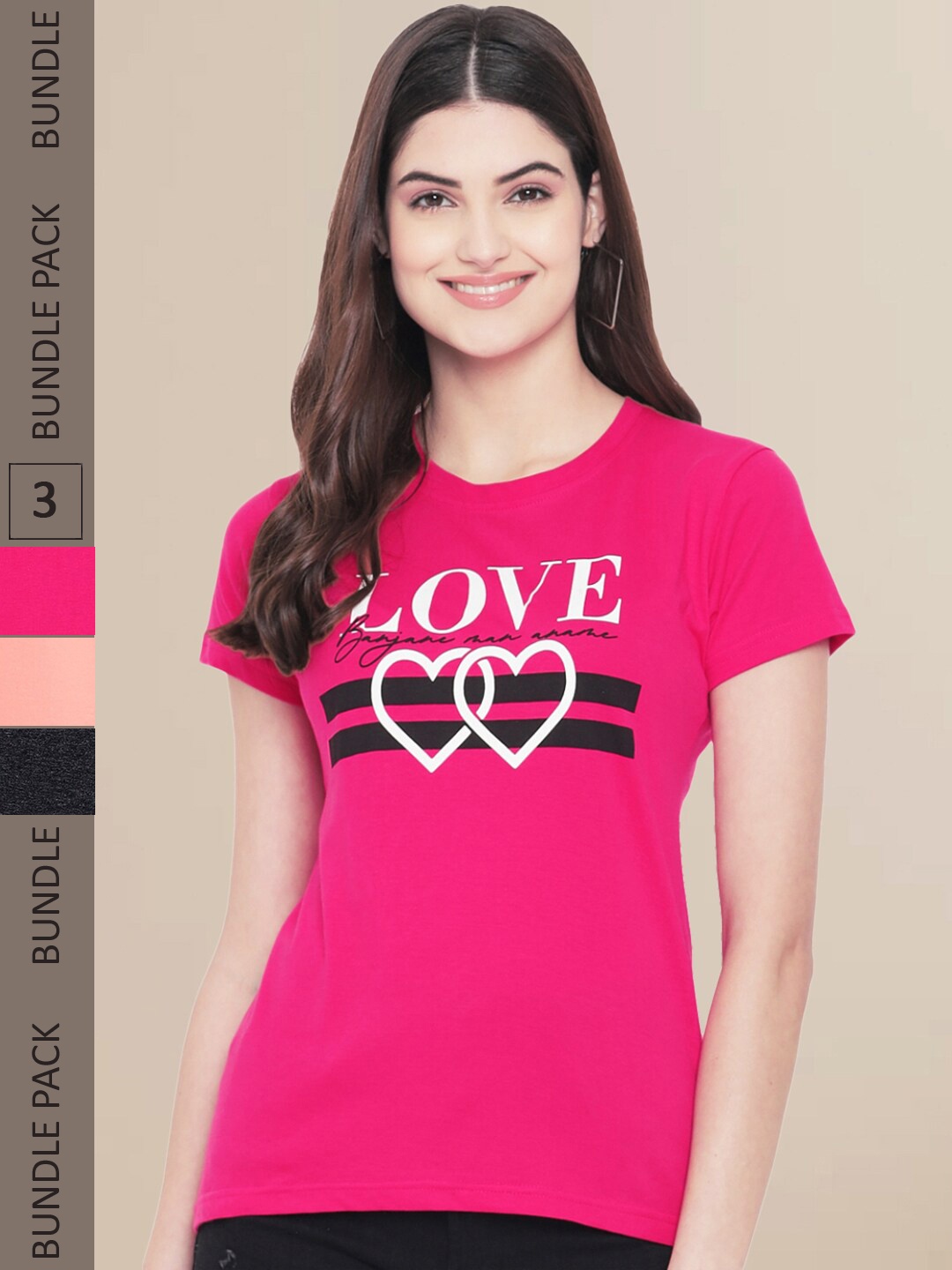

Fabflee Women Pink & Peach Pack of 3 Typography Printed Cotton T-shirts