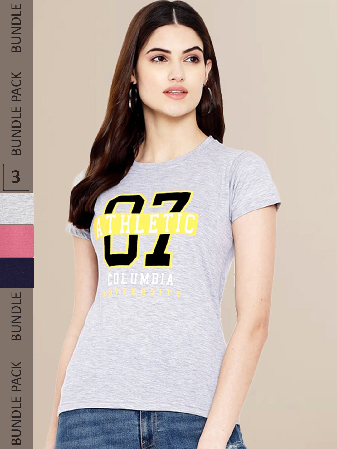 

Fabflee Women Pack of 3 Typography Print T-shirt, Grey