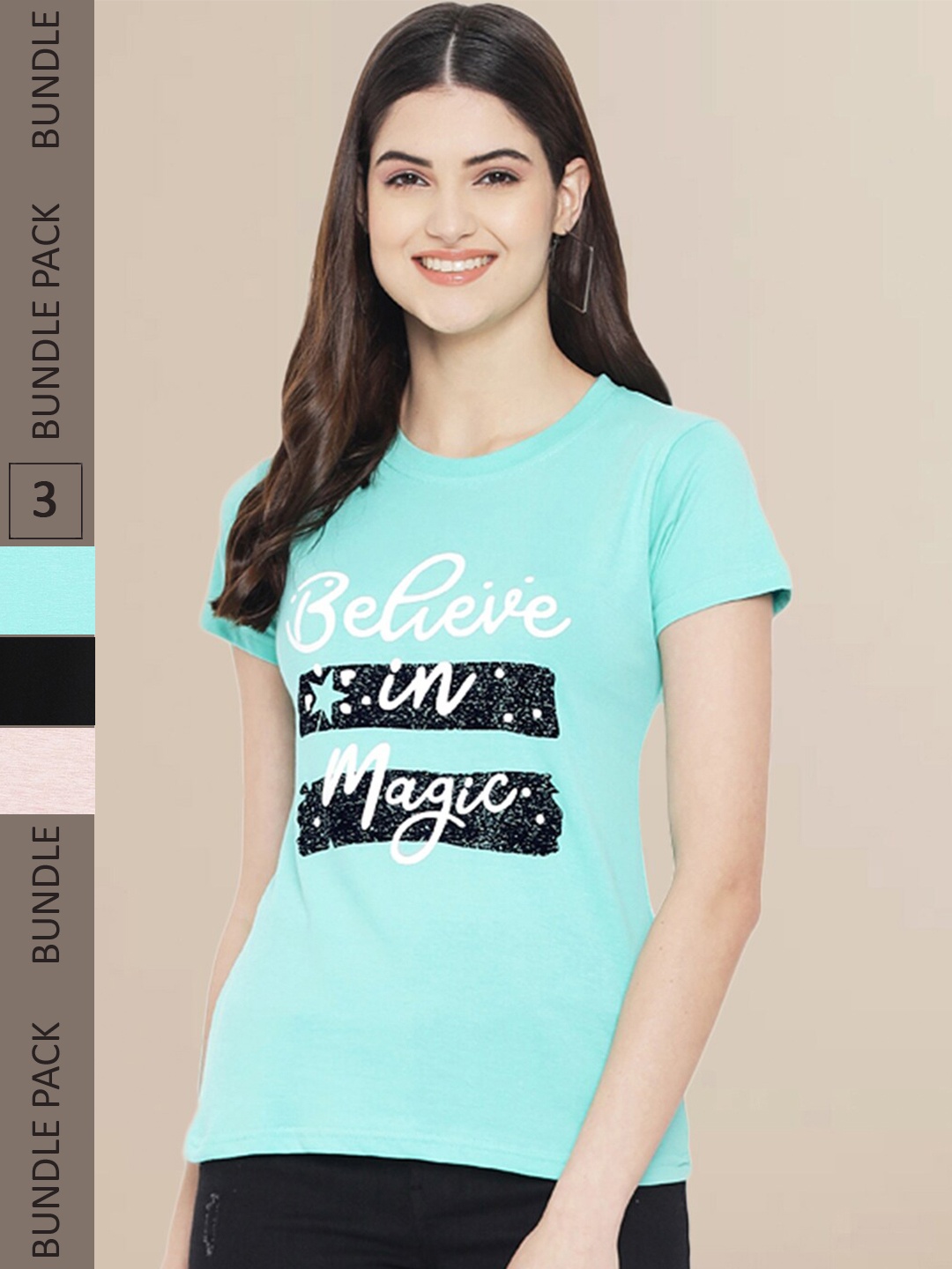 

Fabflee Pack Of 3 Printed Cotton T-shirt, Turquoise blue