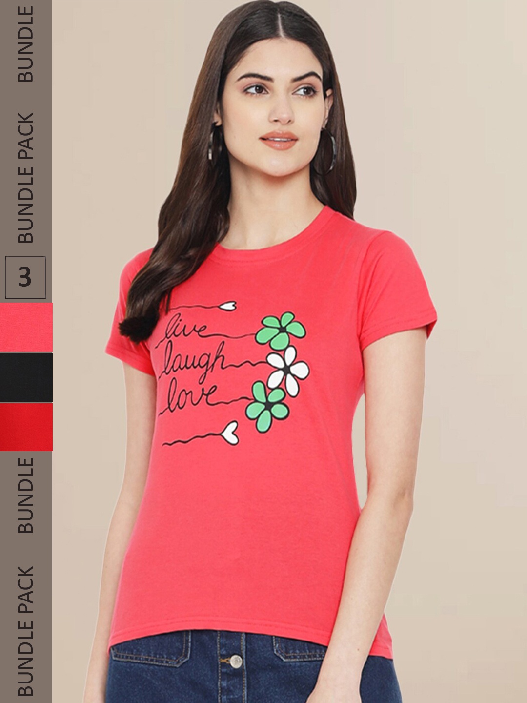 

Fabflee Women Red & Black Typography Pack of 3 Printed Cotton T-shirt