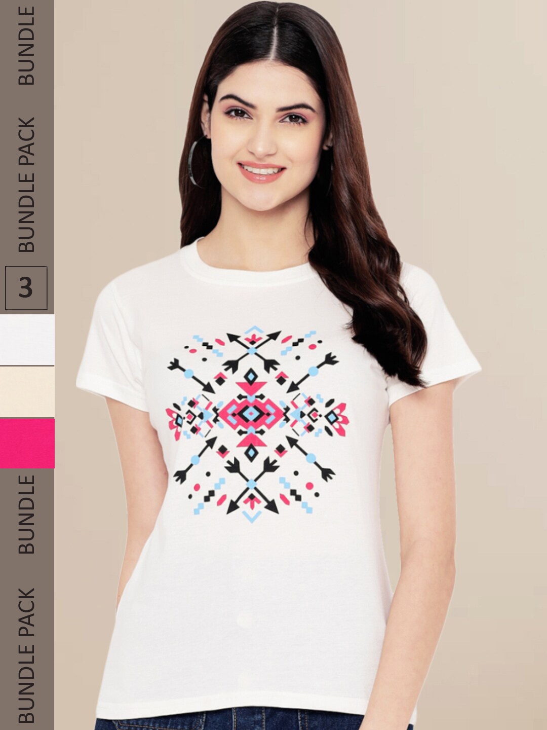 Fabflee Women White & Beige Pack of 3 Printed Cotton T-shirt